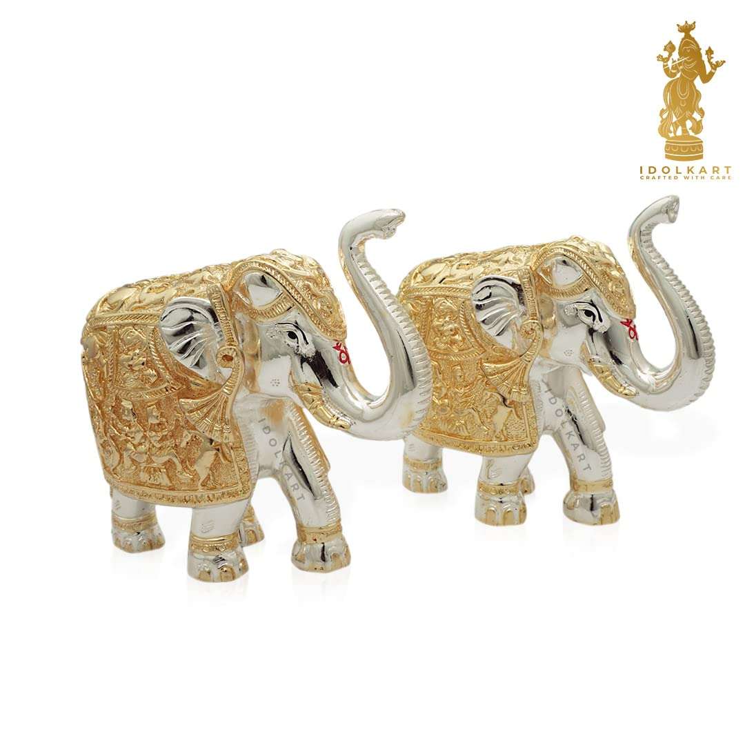 Idolkart Pure Gold & Silver Coated Elephant Showpiece - Elephant Decorative Items for Home - Elephant Statue for Good Luck, Pooja - Two Vastu Elephants - 3 inch (Set of 2 Elephants), Vastu Idols 6