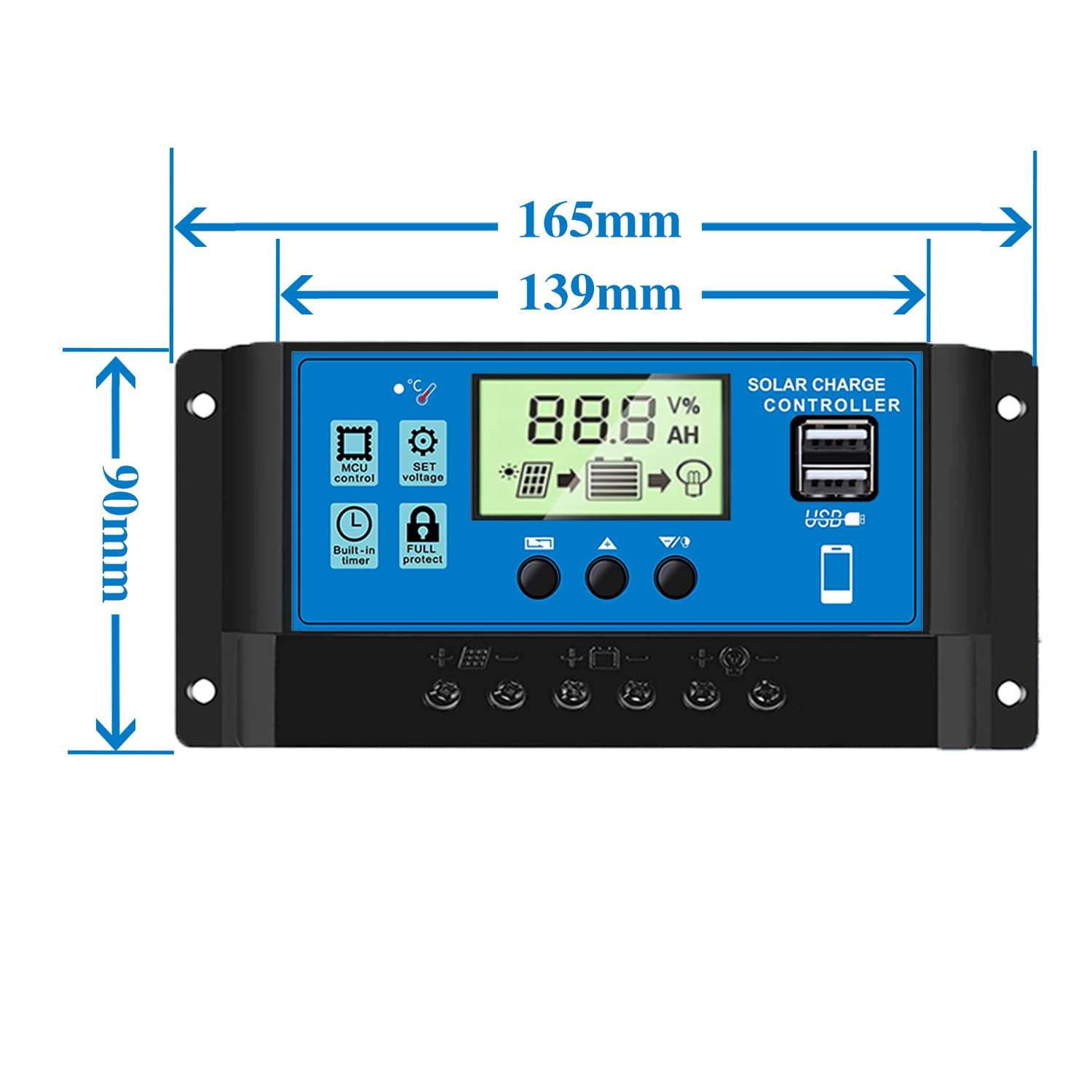 60A Solar Panel Charge Controller 12V 24V,Solar Battery Adjustable Parameter LCD Display Current Capacity and Timer Setting,Charge Controller with Dual USB Port (Blue) 3