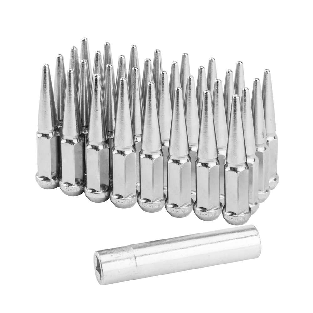 MOTORHOT 32Pcs Wheel Spike Lug Nut with 1 Socket Key 14x2 Chrome Tall Closed End Nuts Compatible with 1999-2004 Ford F-250 Ford F-350 Super Duty 1
