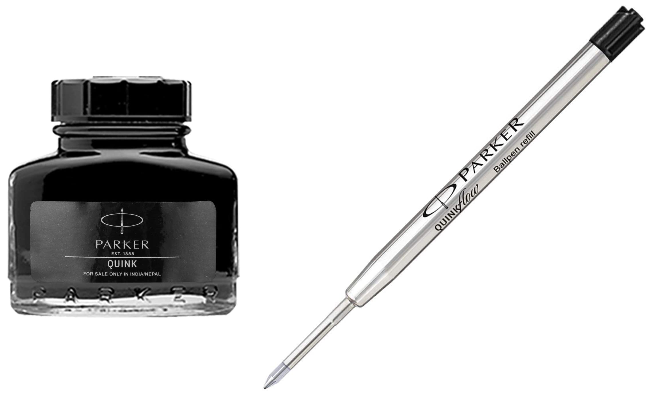 Parker Quink Ink Bottle (Black) & Parker Quink Flow Ball Pen Refill (Black)