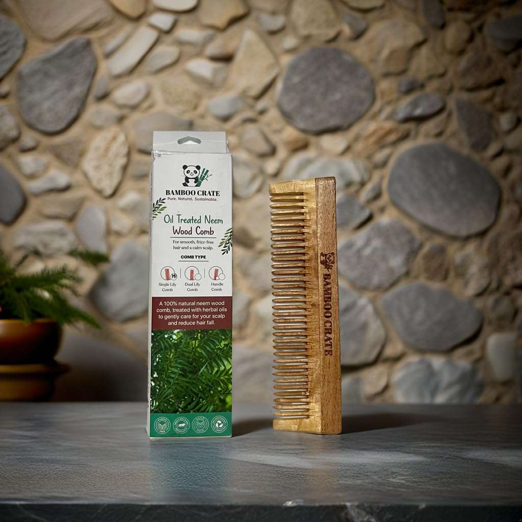 Bamboo Crate Neem Wood Comb for Hair Growth | Single Teeth | Anti-Static, Scalp-Friendly & Eco-Friendly 1
