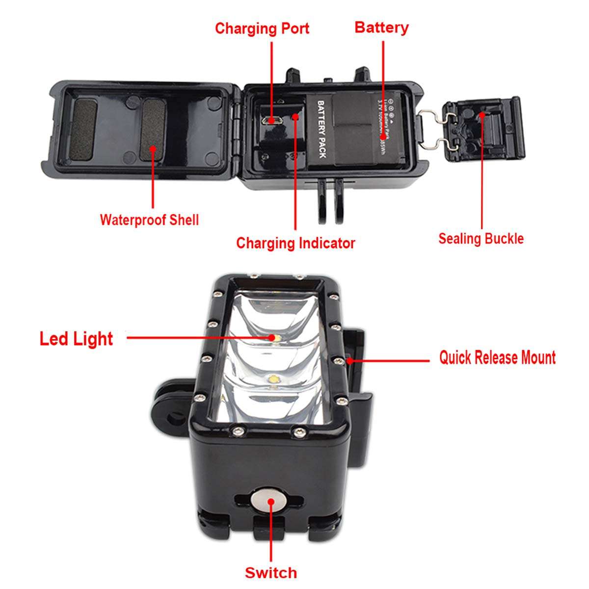 iEago RC Hero 9 Flash Diving Light High Power Underwater Waterproof LED Light Fill Light with 2 Chargeable Battery for DJI OSMO Action/GoPro Hero 8/7 /6/ SJCAM etc Action Cameras 6