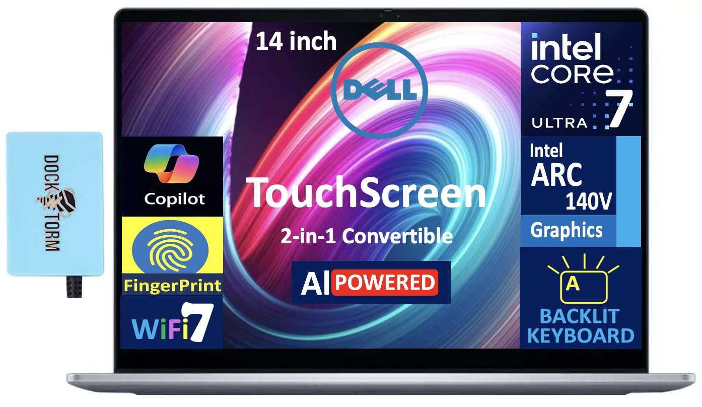 Dell 14 Plus 2-in-1 Laptop, 14.0" FHD+ LCD Touchscreen Display (Intel Ultra 7-256V (Beat Ultra 7 150U), 16GB LPDDR5X, 1TB PCIe SSD, Intel Arc Graphics, Backlit KB, Fingerprint, Win 11 Pro) w/USB Hub 1
