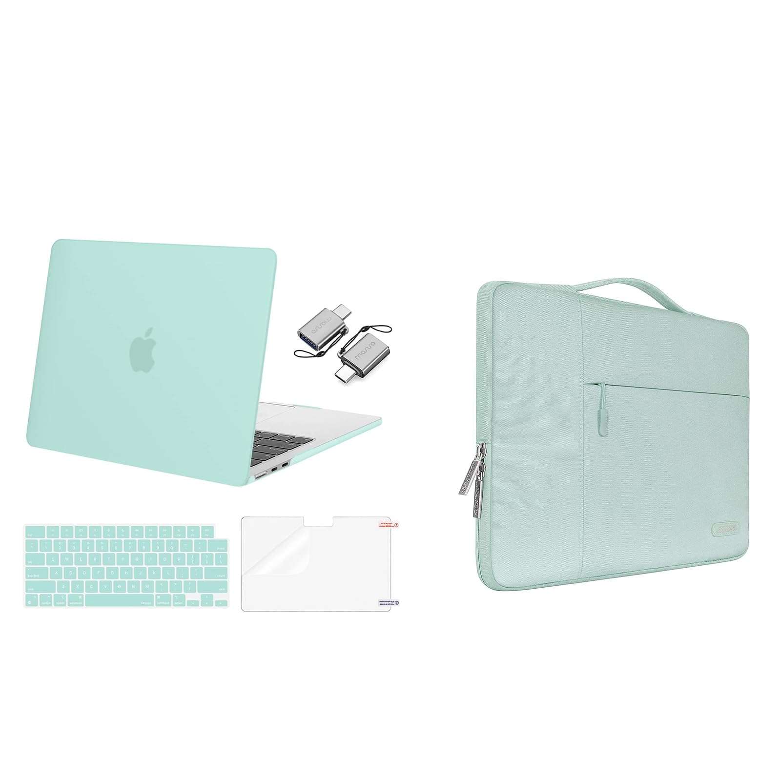 MOSISO Compatible with MacBook Air 13 inch Case 2024 2023 2022 M3 A3113 M2 A2681 Touch ID, Plastic Hard Shell&Keyboard Cover&Screen Film&Type C Adapter&Polyester Multifunctional Bag, Mint Green 1