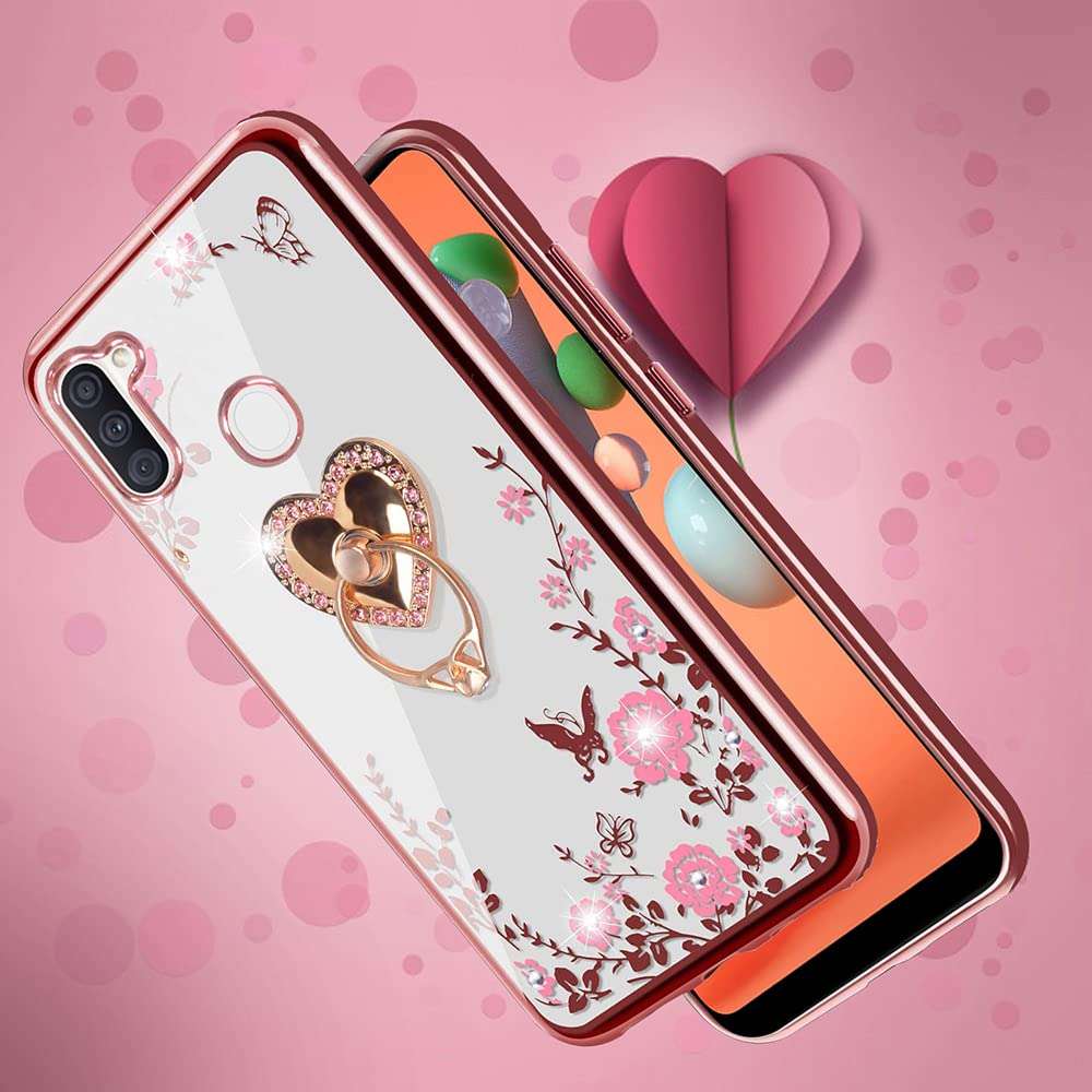 Samsung Galaxy A11 Case Glitter Crystal Butterfly Heart Floral Series-Slim TPU Luxury Bling Cute Girls Protective Cover with Detachable Finger Ring Holder Stand + Strap for Samsung A11 - Purple 6