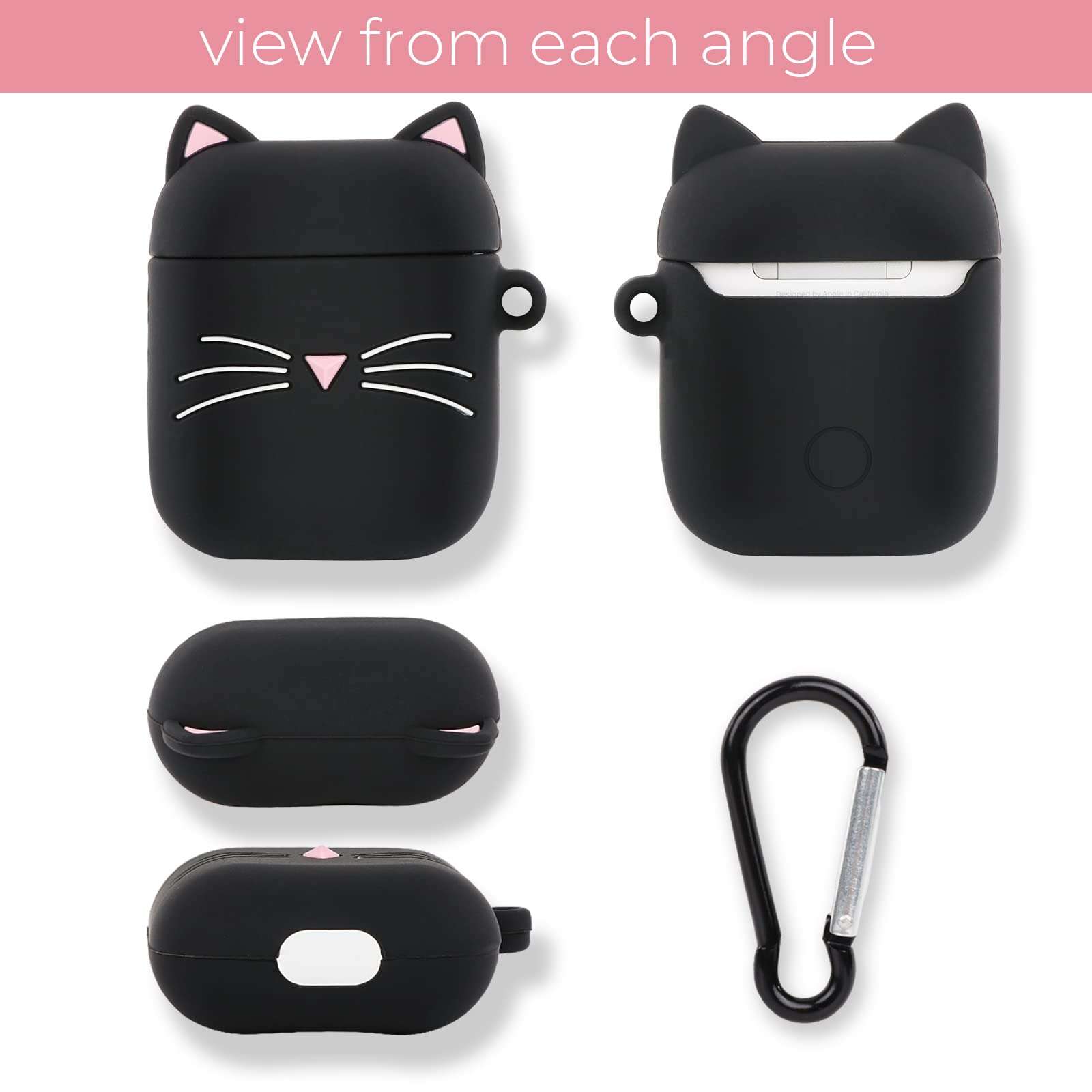 Megantree Cute Airpods Case, Airpods 2 Case, Black Whisker Cat Kitty Funny Kawaii 3D Cartoon Animals Full Protection Shockproof Soft Silicone Charging Case Cover with Keychain for Girl Women Kids 6