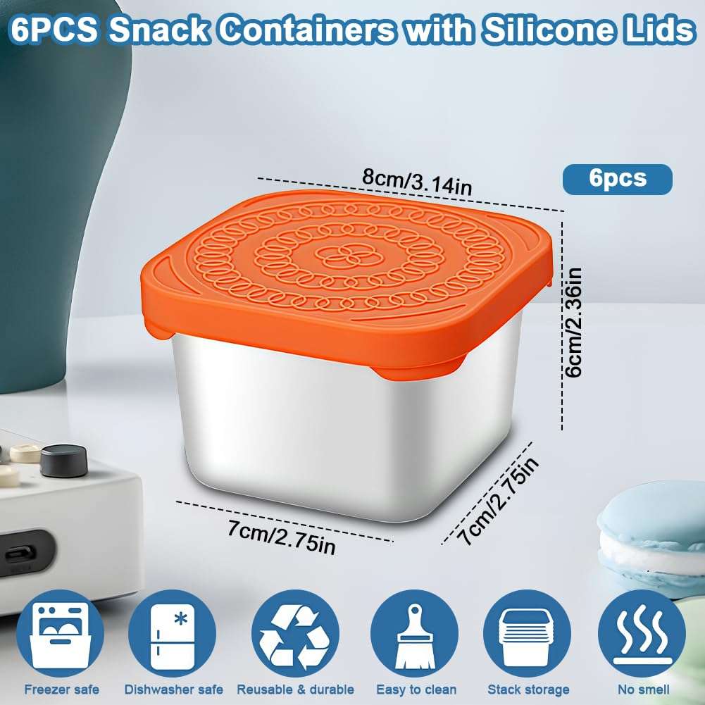 zxbaers Snack Containers with Silicone Lids,Set of 6 Stainless Steel Snack Boxes, Easy Open and Stackable，Leak Proof Food Containers for Daily Use，Office and Travel 5