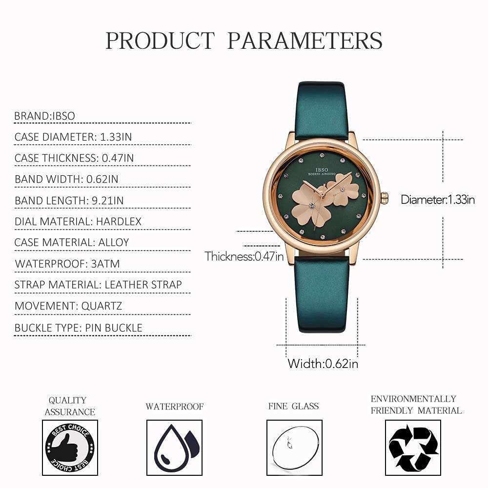 IBSO Watches for Women Four Leaf Clover Lady Leather Band Wristwatch Clear Dial Montre Femme a Nice Gift (8806L Green) 6