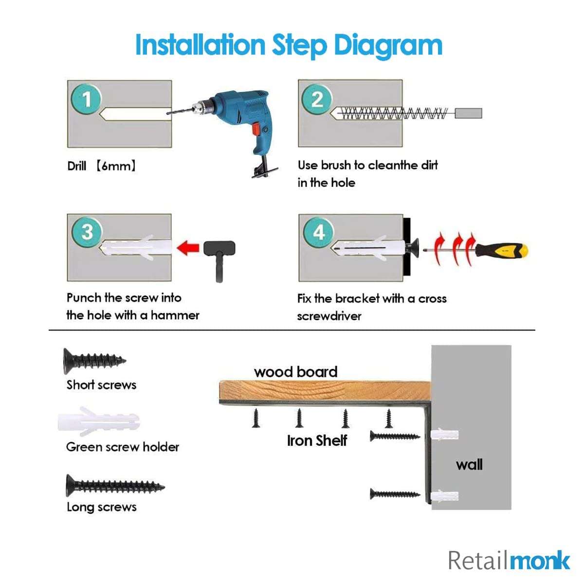 Retailmonk L Shaped Wall Shelf Angle Brackets with Screws, Heavy Duty Black Wall Shelves Metal Brackets - Powder Coated Steel Angle Bracket for Wall Shelf - (16 x 11 x 2.5 cm) - 6 PCs 4