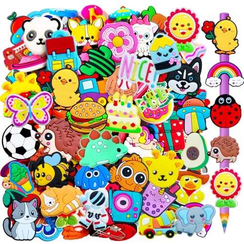 100 PCS Cute Pencil Topper Decoration,Kawaii Pen Straw Clips Decor Accessories,Pencil-Top Charms for Pupil,Junior,Kids,School Supplies,Classroom Reward,Prizes,Gifts,Bulk Random Different Cartoon 1
