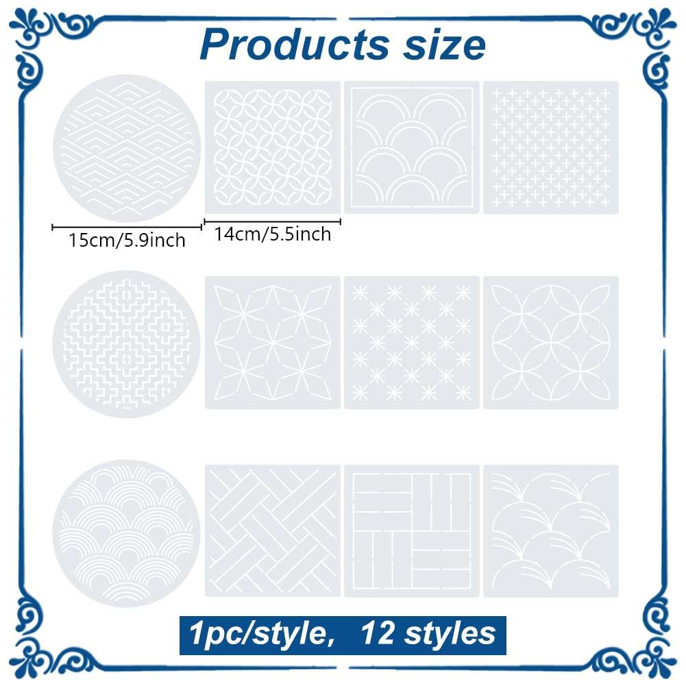 INFUNLY 12PCS Sashiko PET Template 5.9"×5.9" Geometric Sashiko Pattern Template Drawing Line Sashiko Template for Dresses Bags Wave Embroidery Stencils Square Sashiko Stencil for Hand Sewing Lovers 3