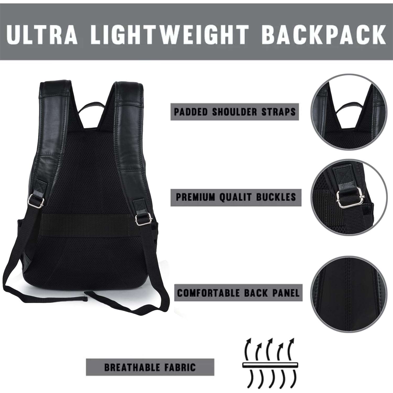 CIMONI® Premium Genuine Leather Backpack 28 Liters 15.6 in Classic Executive Office Bag Adjustable Shoulder Straps Water Resistant Leather Storage Bag (Color - Black) 4