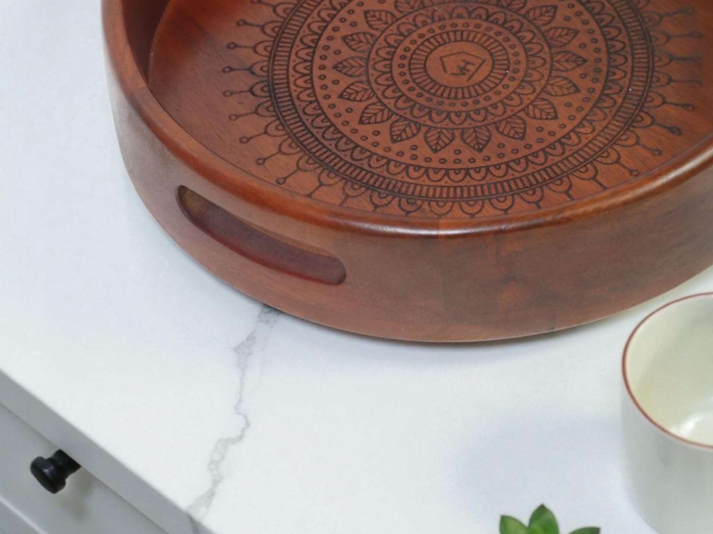 Vesta Homes Premium Wood Round Serving Tray for Home/Kitchen/Restaurant/Office Organizer/Dining Table | Premium Serving Trays | 30.5 x 30.5 x 5 cm | Handcrafted in India 6