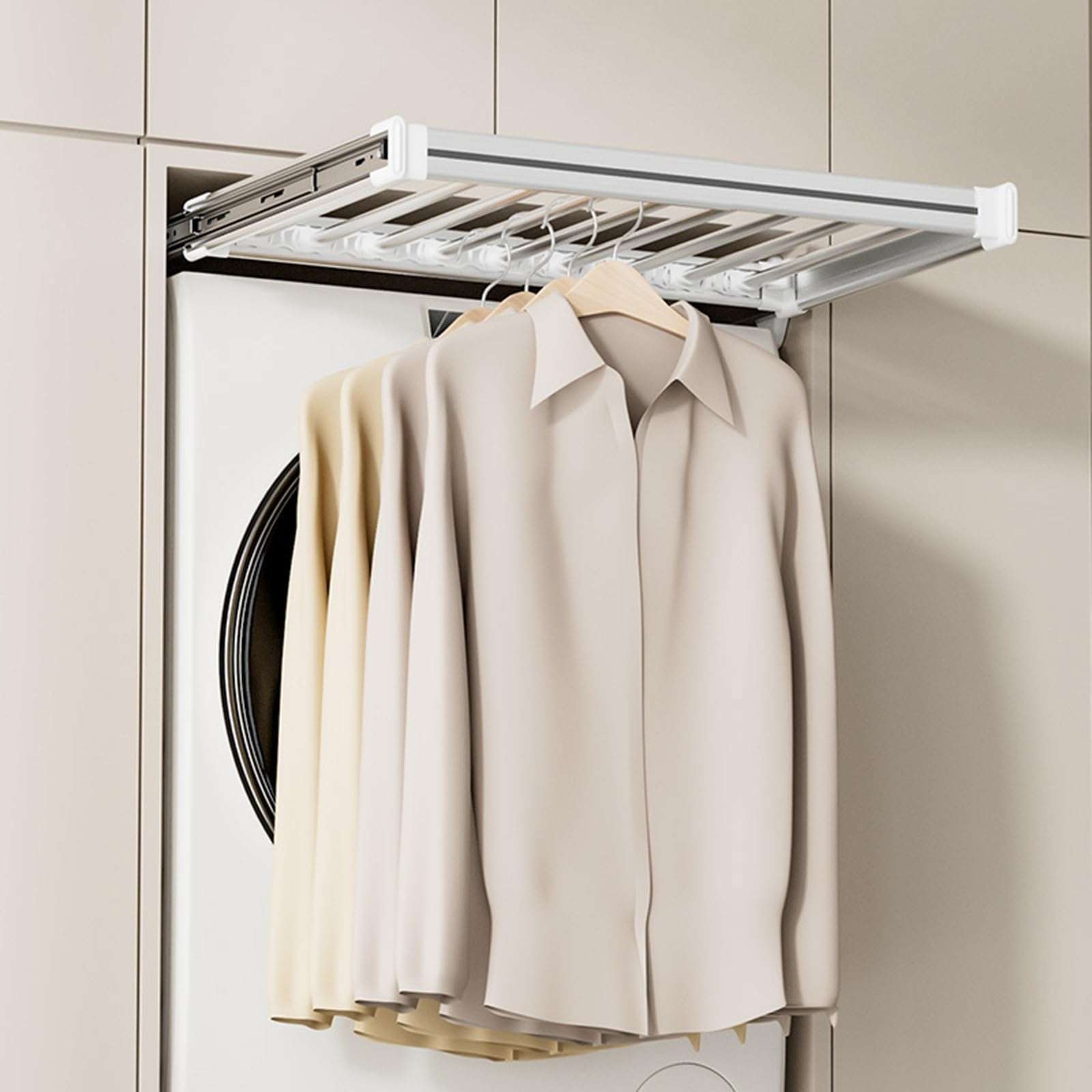 Washing Machine Trouser Rack - Invisible Clothes Drying Rack, Built-in Wardrobe Pull-Out Basket, Drawer-Type Balcony Trouser Drawer Slide Rail Storage Artifact