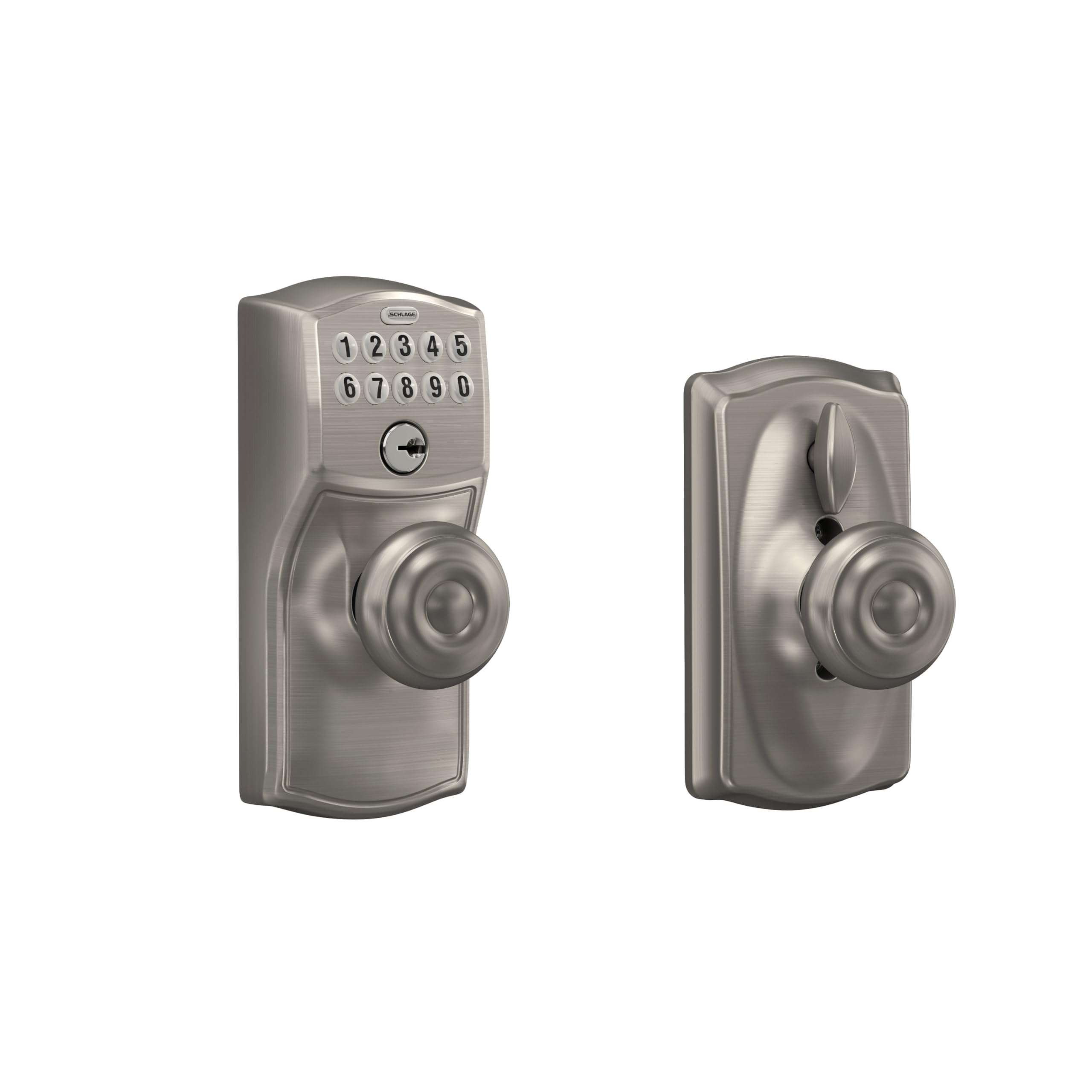 SCHLAGE FE595 CAM 619 GEO Camelot Keypad Entry with Flex-Lock and Georgian Style Knobs, Satin Nickel 1