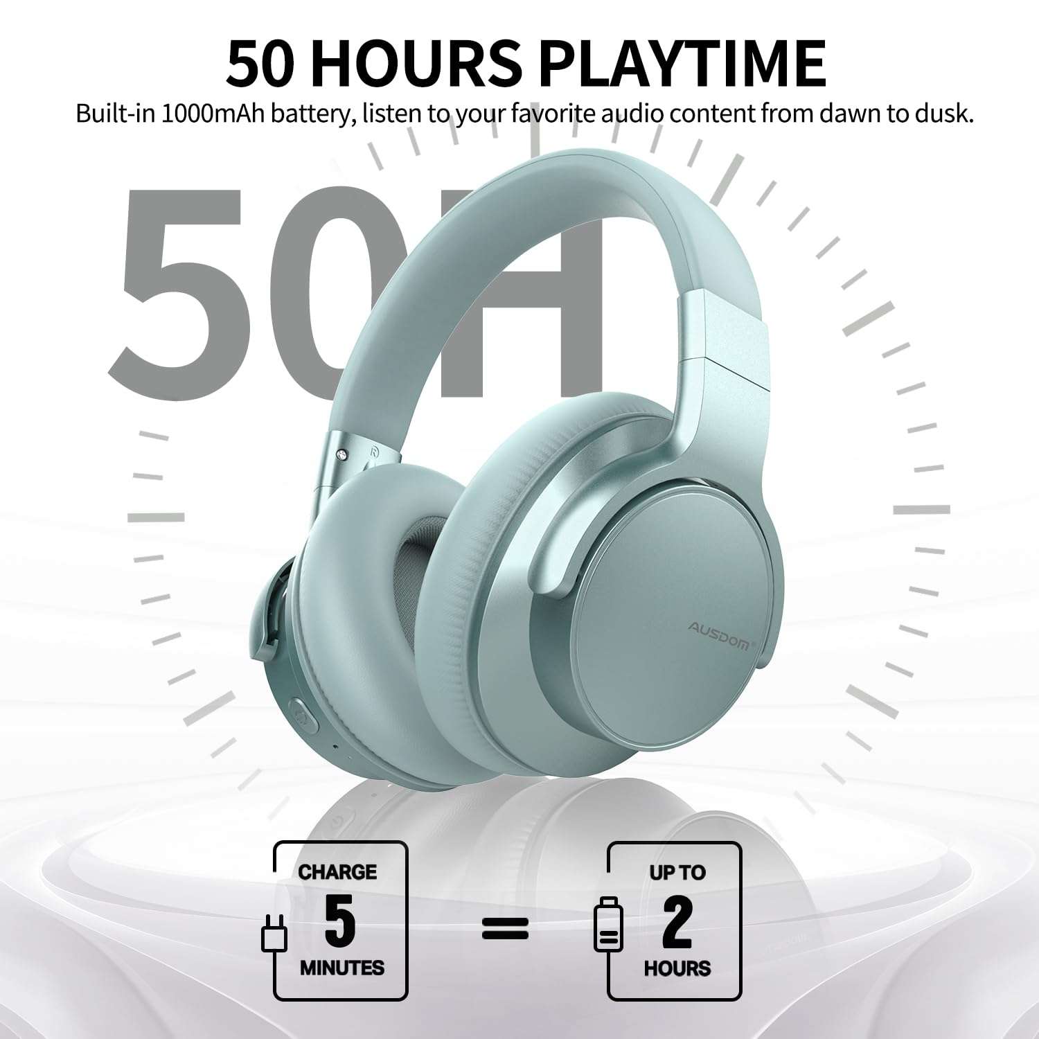 AUSDOM Wireless Noise Cancelling Headphones Bluetooth, E7 Over-Ear ANC Headphones with Microphone, 50Hrs Playtime, Hi-Fi Stereo Sound, USB C Charge, Comfortable Earpads for Travel Work, Mint Green 3