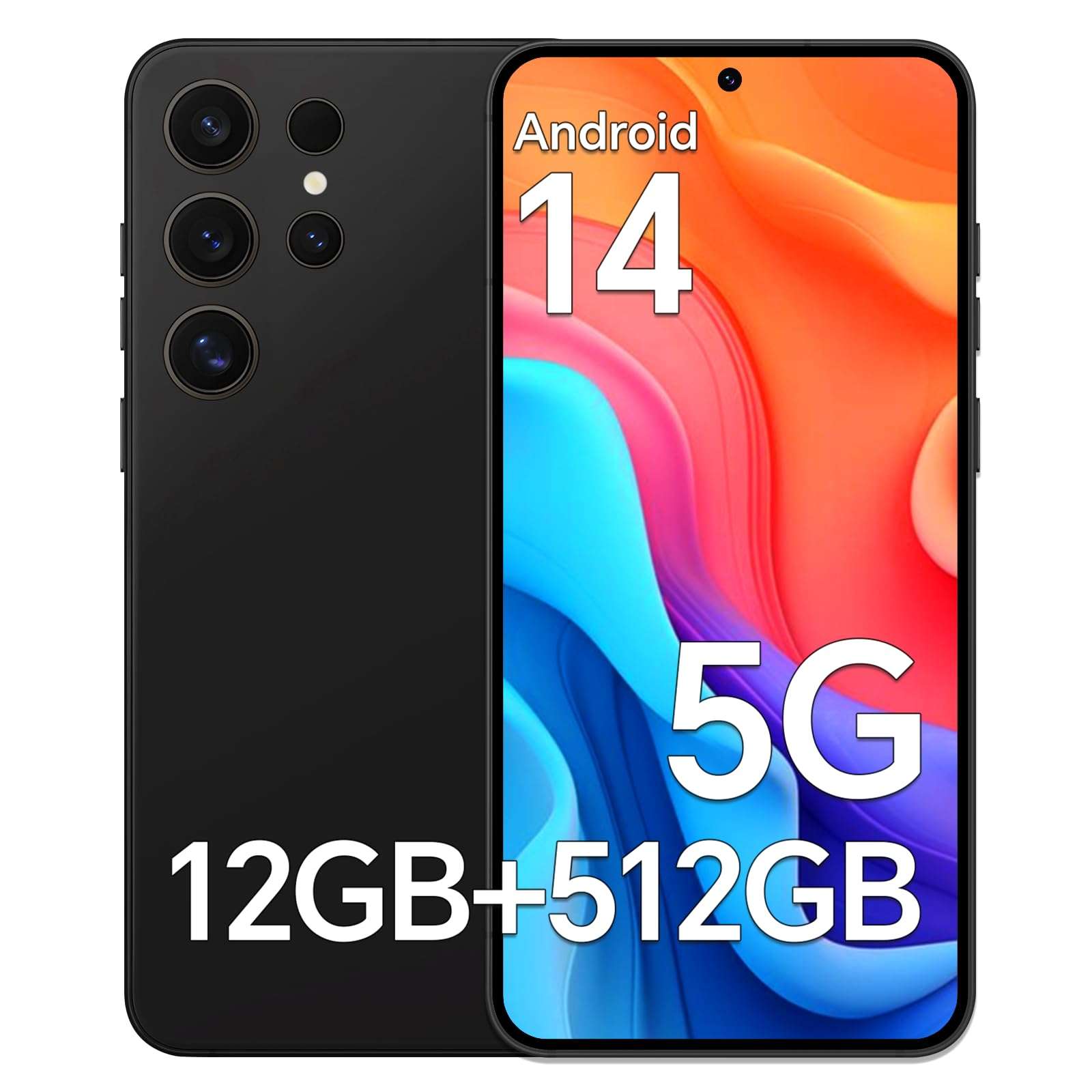 Unlocked Phones, A24 Ultra 5G Cell Phone, 12GB RAM+512GB Storage, Android 14 Smartphone, 6.8'' HD Display, 108MP+48MP Camera, 5000mAh Long-Lasting Battery, Face ID/Dual SIM/WiFi/Bluetooth 1