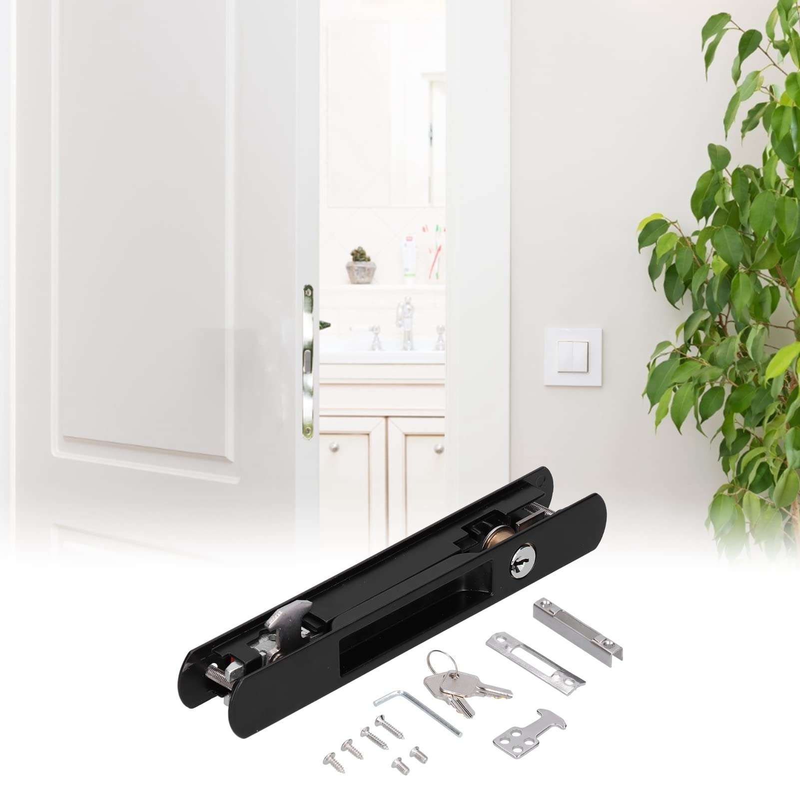Sliding Door Lock Black Copper Zinc Alloy Lock Furniture Hardware,Sliding Door Lock with Key, for Balcony Door,for 27‑29mm Thick Sliding Doors and Window, barn Door Lock Pocket Door Lock Sliding 4
