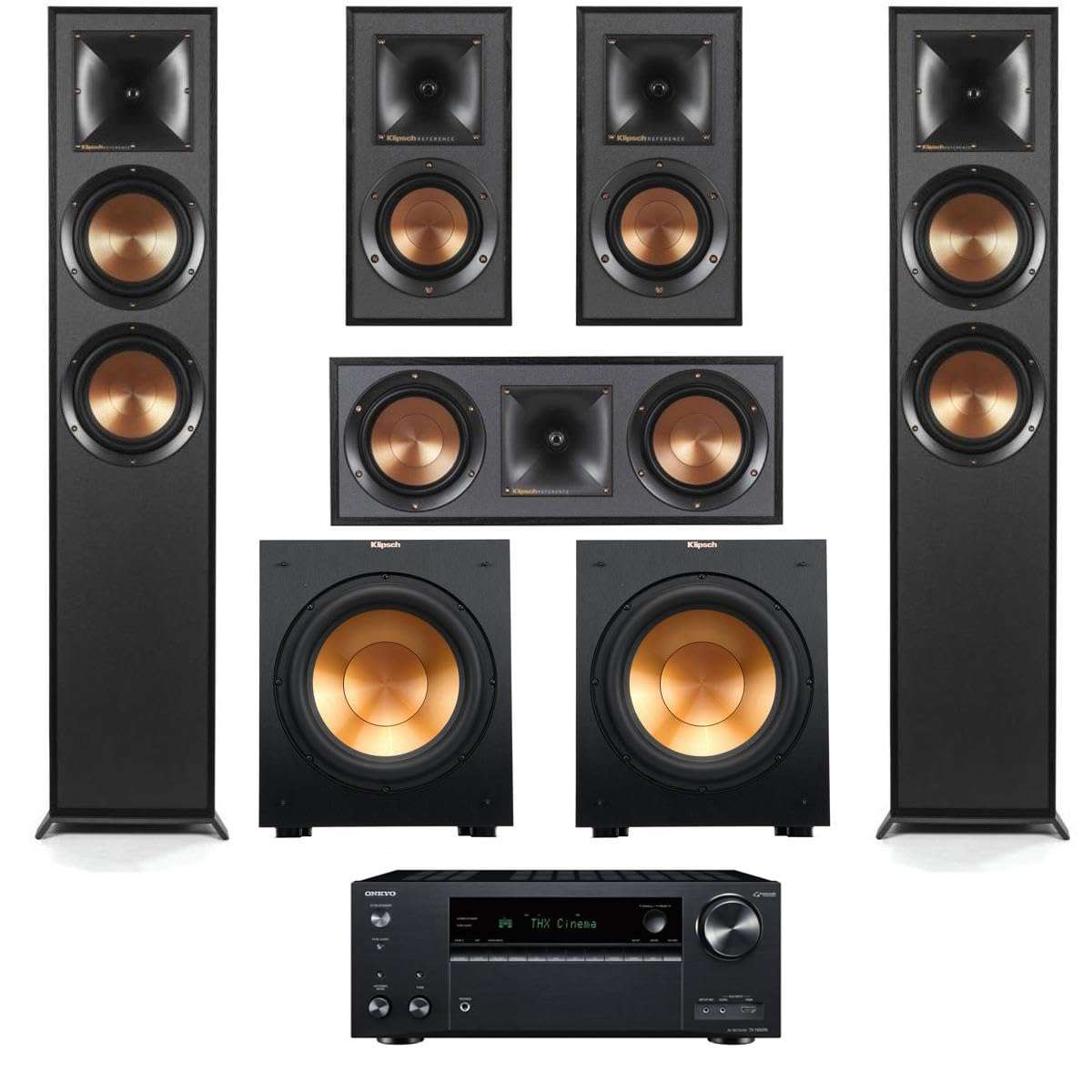 Klipsch Reference 5.2 Home Theater System, Bundle with 2X R-625FA Floorstanding Speaker, 2X R-12SW Subwoofer, R-52C Center Channel, R-41M Bookshelf Speaker Pair, 7.2-Channel Receiver, Black 1