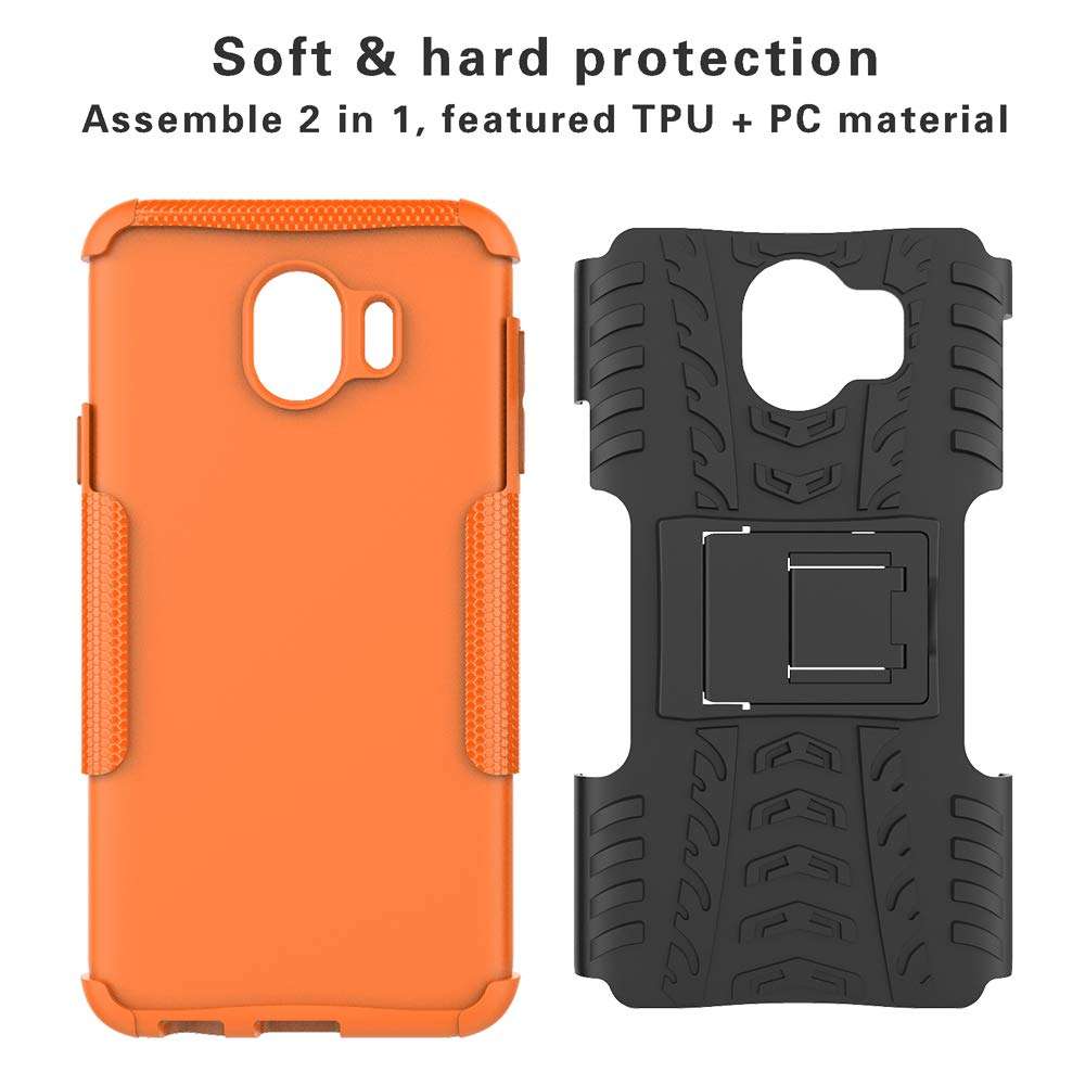 LiuShan Galaxy J4 2018 case, Shockproof Heavy Duty Combo Hybrid Rugged Dual Layer Grip Cover with Kickstand for Samsung Galaxy J4 2018 Smartphone (with 4in1 Packaged),Orange 4