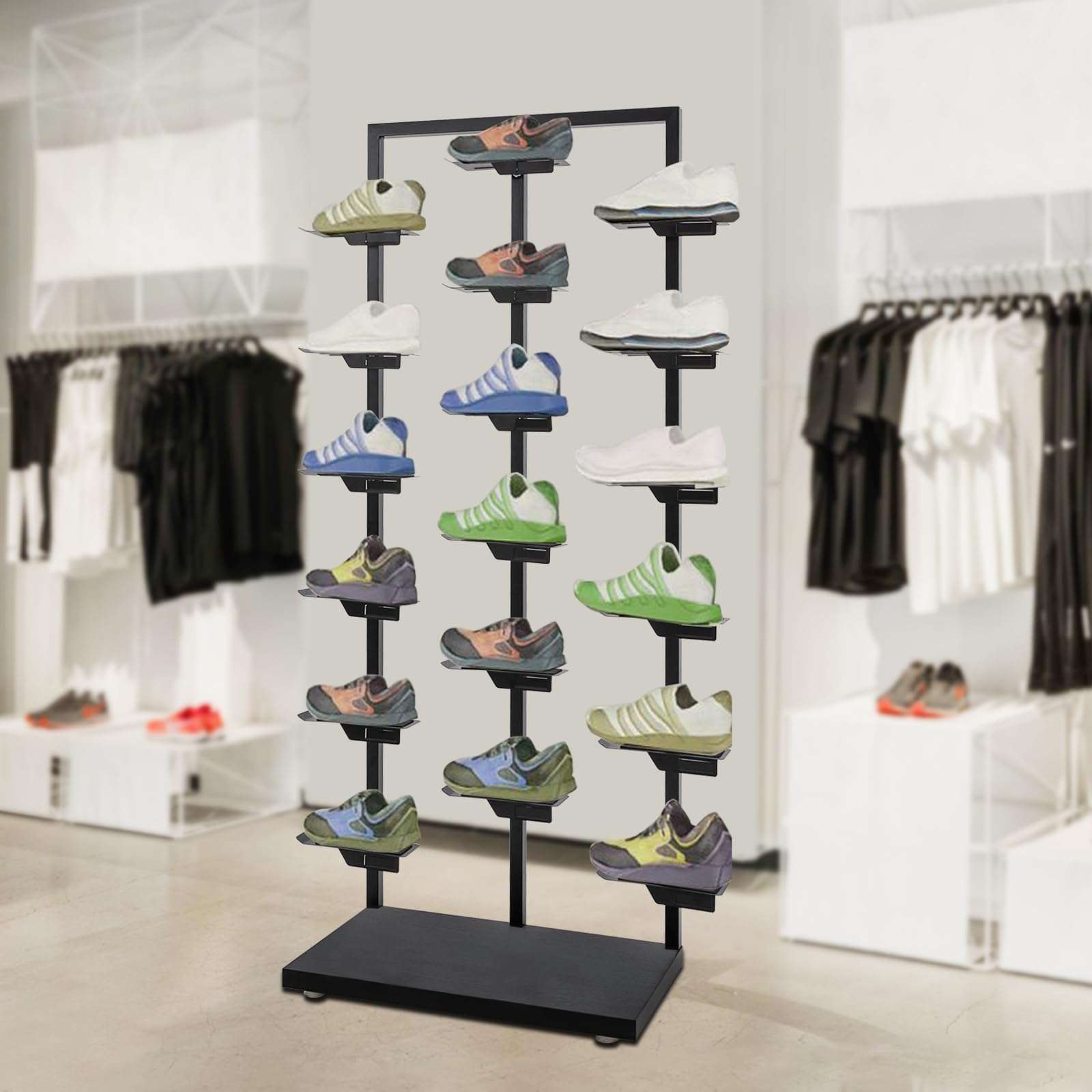 CURIEUYU Commercial Store Shoe Rack, Free Standing Retail Boutique Shoe Display Shelf, Metal Sneaker Basketball Shoes Stand, 18 Shoe Holders for Home Store (Oak, Black) 3