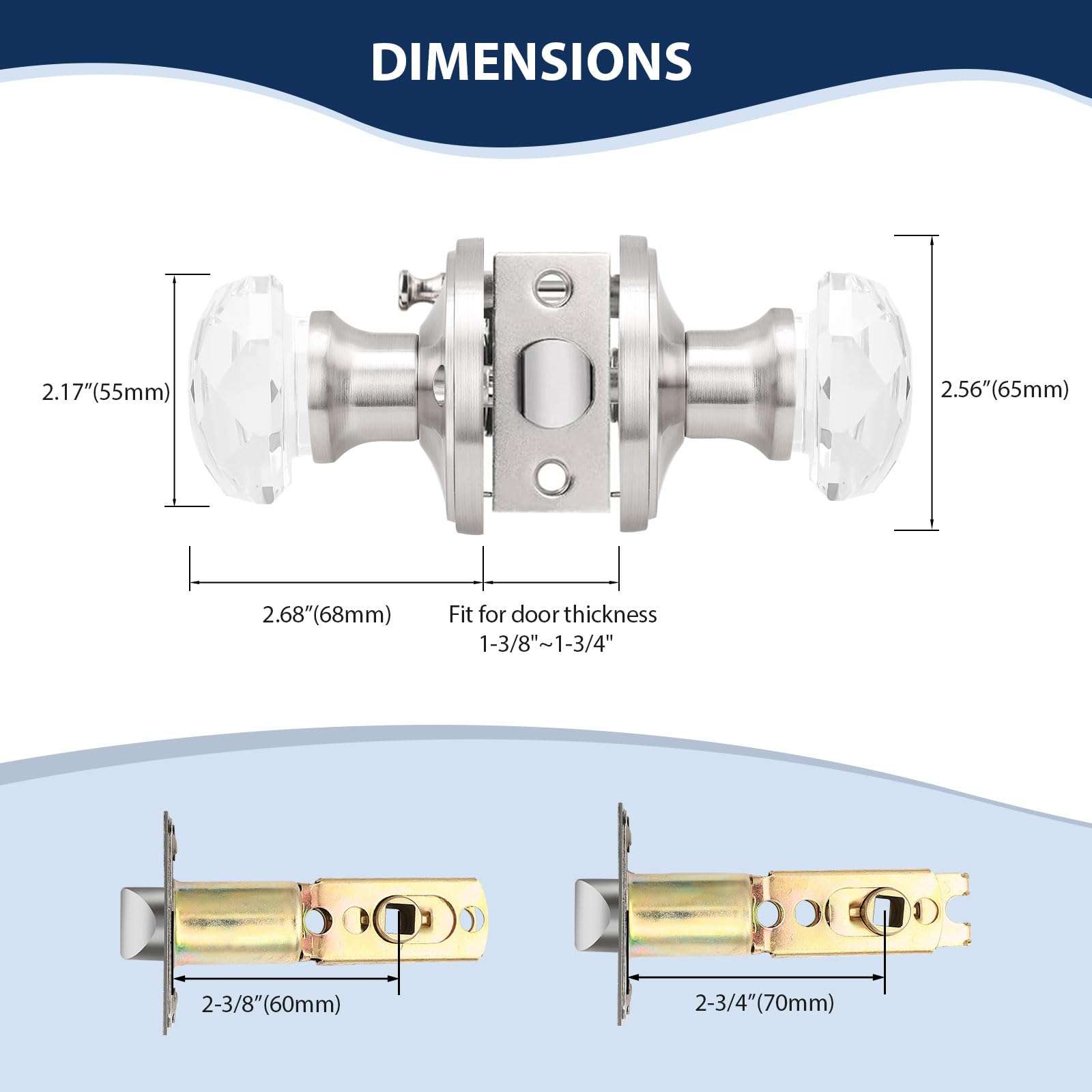 Orger 3 Pack Diamond Glass Door Knobs, Crystal Privacy Door Handles for Bedroom/Bathroom, Interior Keyless Door Knobs with Pin Lock, Satin Nickel Zinc Alloy Rosette 3