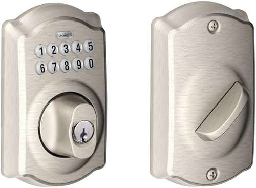 Schlage, Brushed Chrome FE595CS V PLY 626 ELA Plymouth Light Commercial Electronic Keypad Lock with Elan Lever & Schlage BE365CAM619 BE365 Camelot Keypad Deadbolt, Satin Nickel 5