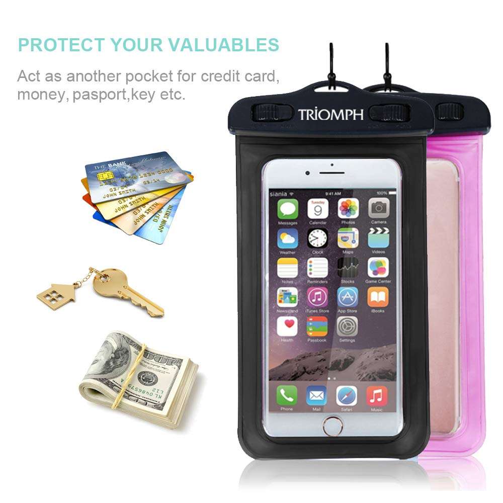 Triomph Universal Waterproof Phone Pouch, IPX8 Waterproof Cell Phone Case Dry bag with Military Class Lanyard for iPhone Xs Max/Xr/X/8/8Plus/7/7Plus/6/6s Plus, Samsung Galaxy S10 S9+,Note,6.5'' 2 Pack 5