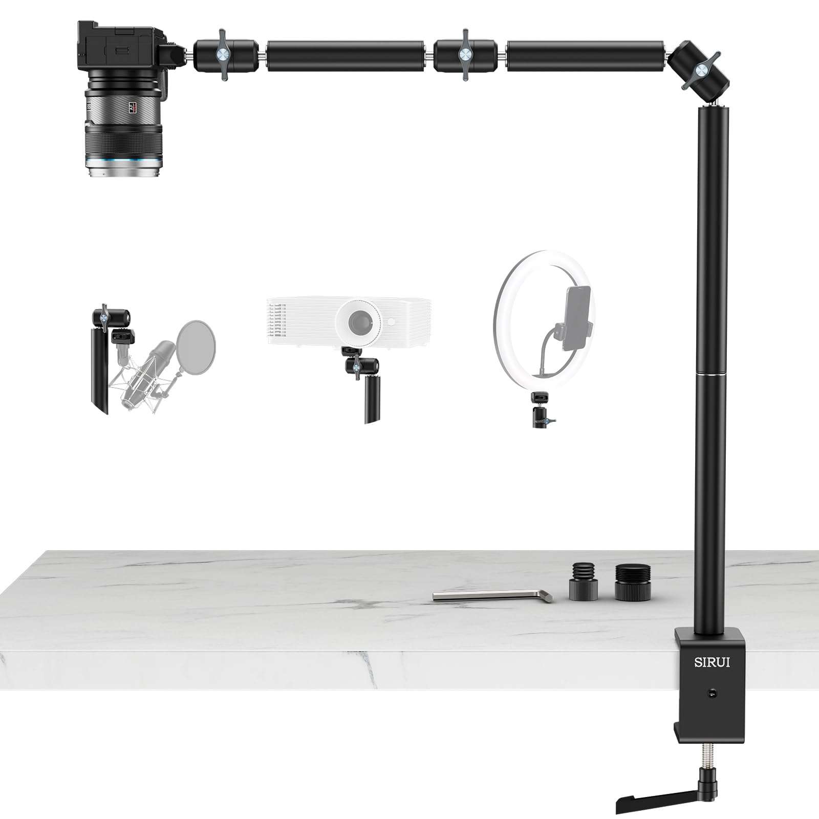 SIRUI 40" Overhead Desktop Mount w C-clamp, Heavy Duty Articulating Arm Camera Desk Mount, Flexible Magic Arm w Dual Ball Head, Boom Arm for Action Camera Ring Light Microphone Webcam Phone, AM-DK01