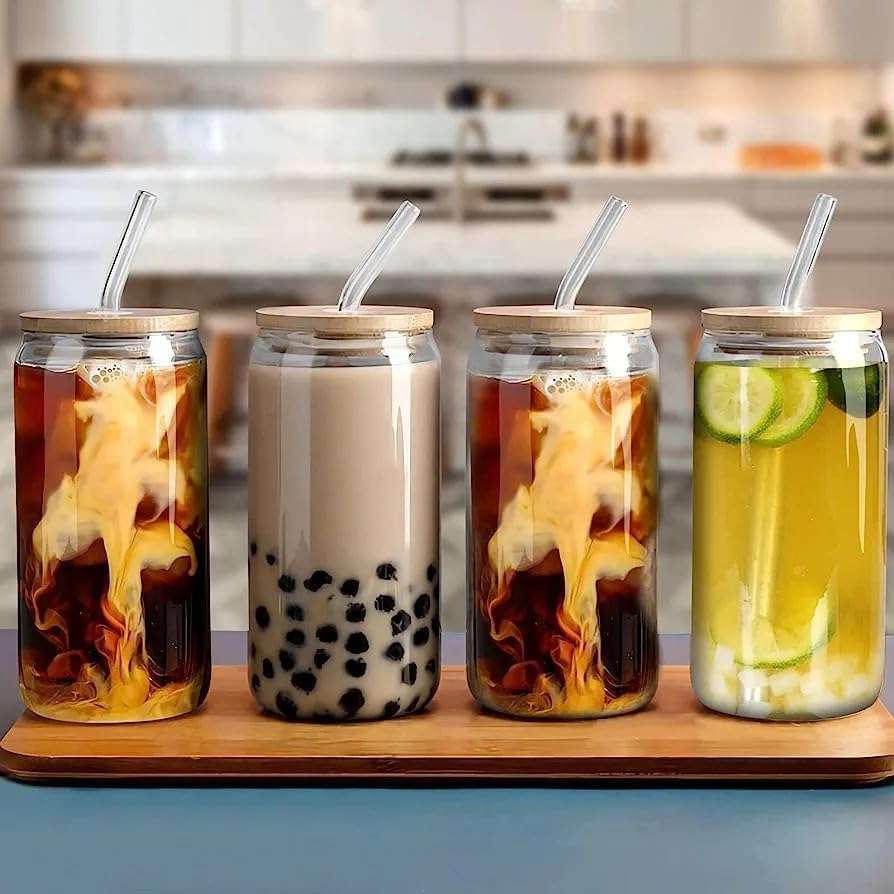 MORDERA Glass Fruit Juice Milk Sipper Tumbler Mug with Lid and Glass Straw - 550ml - Pack of 2 - Tea and Coffee Cup Can Set 3