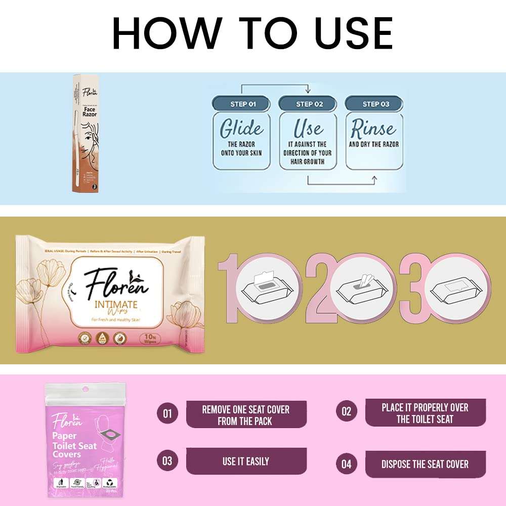 Floren Everyday Grooming & Toilet Hygiene Kit for Women | Smooth Glide Face Razor - Set of 3, Disposable Toilet Seat Cover 20 Sheets & Cleansing Moisturizing Lavender Intimate Wipes - Pack of 1 3
