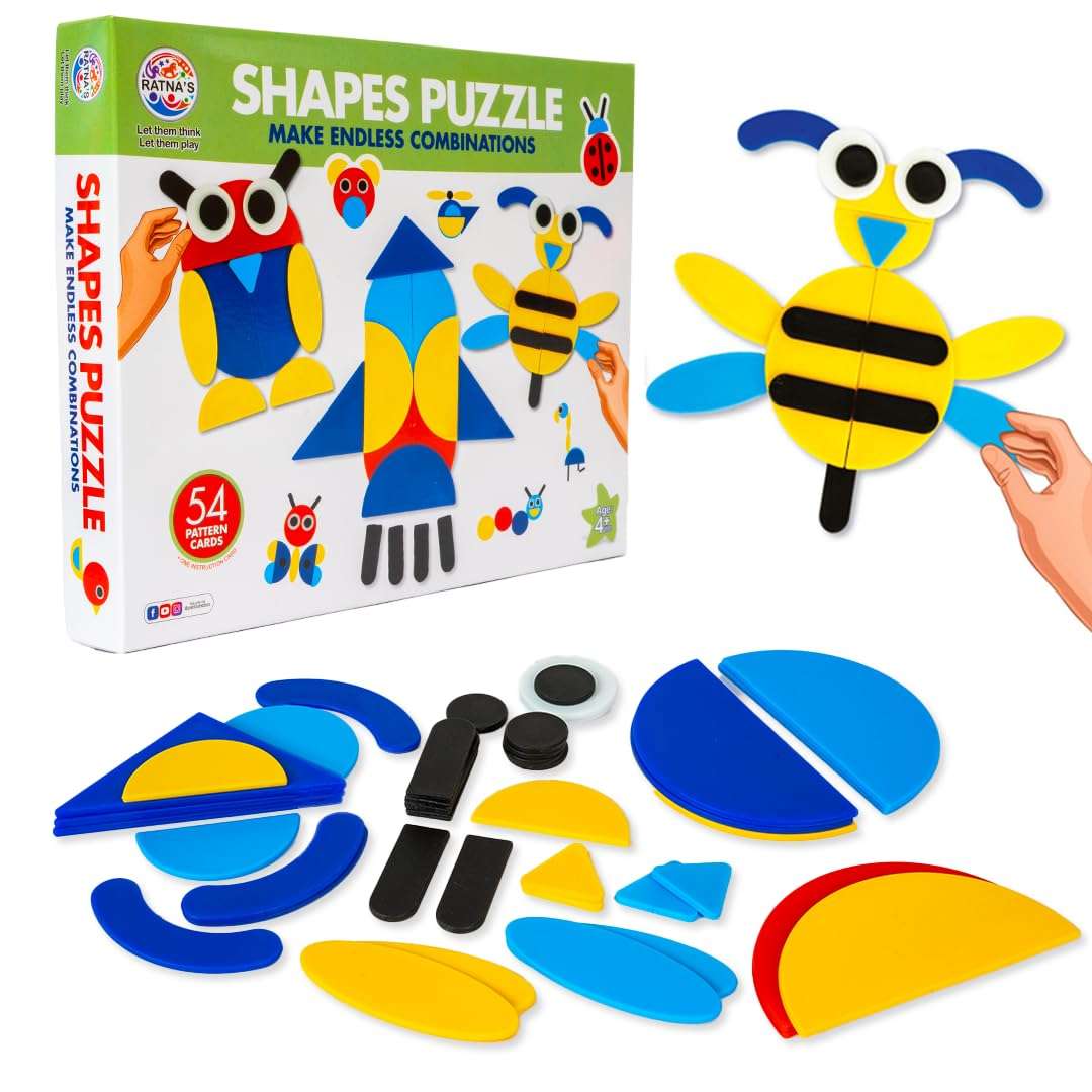 Ratna's Shapes Puzzle Educational Toy, 54 Pattern Challenge Cards, Creative Building Game for Kids 4+ Years 1