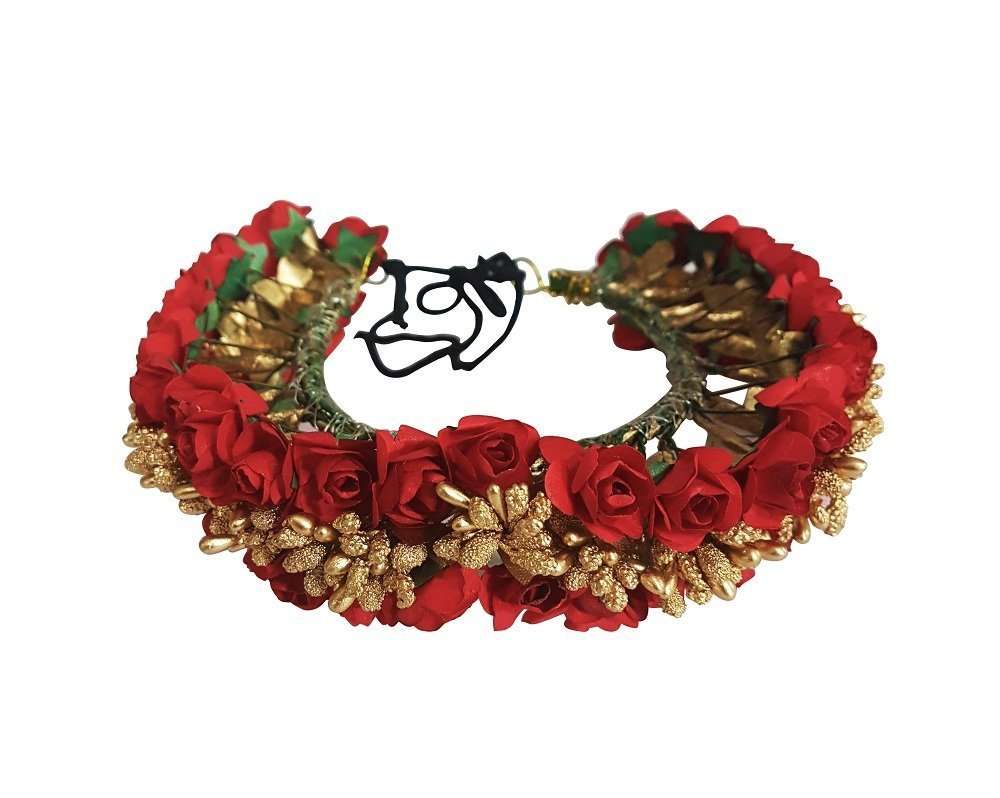 Prime Flowers Bridal Hair Accessories South Indian Gajra For Hair Bun Making, Red Golden