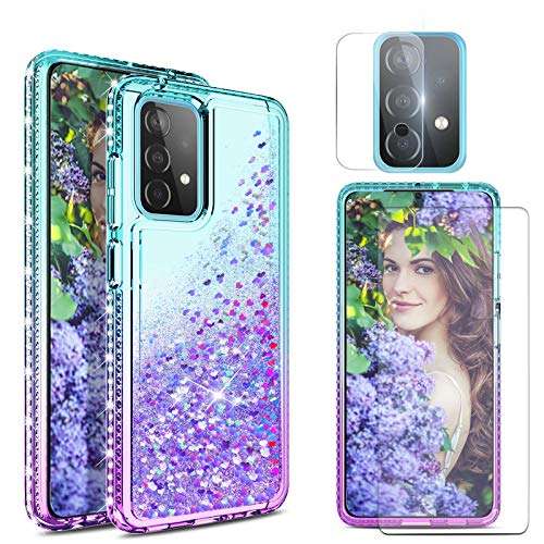 for Samsung Galaxy A52 5G/4G Case, Yunerz Liquid Quicksand Case, Girly Clear Case with Screen & Lens Film for Galaxy A52 5G/4G 6.5inch 1
