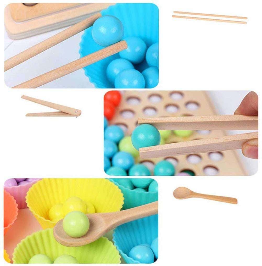 Montessori Early Educational Toys Use Chopsticks Clip Wooden Beads from Pegs Board to Training Hand Eye Coordination and for Preschool Kids Learning Math and Counting by Color During Sorting Games 3