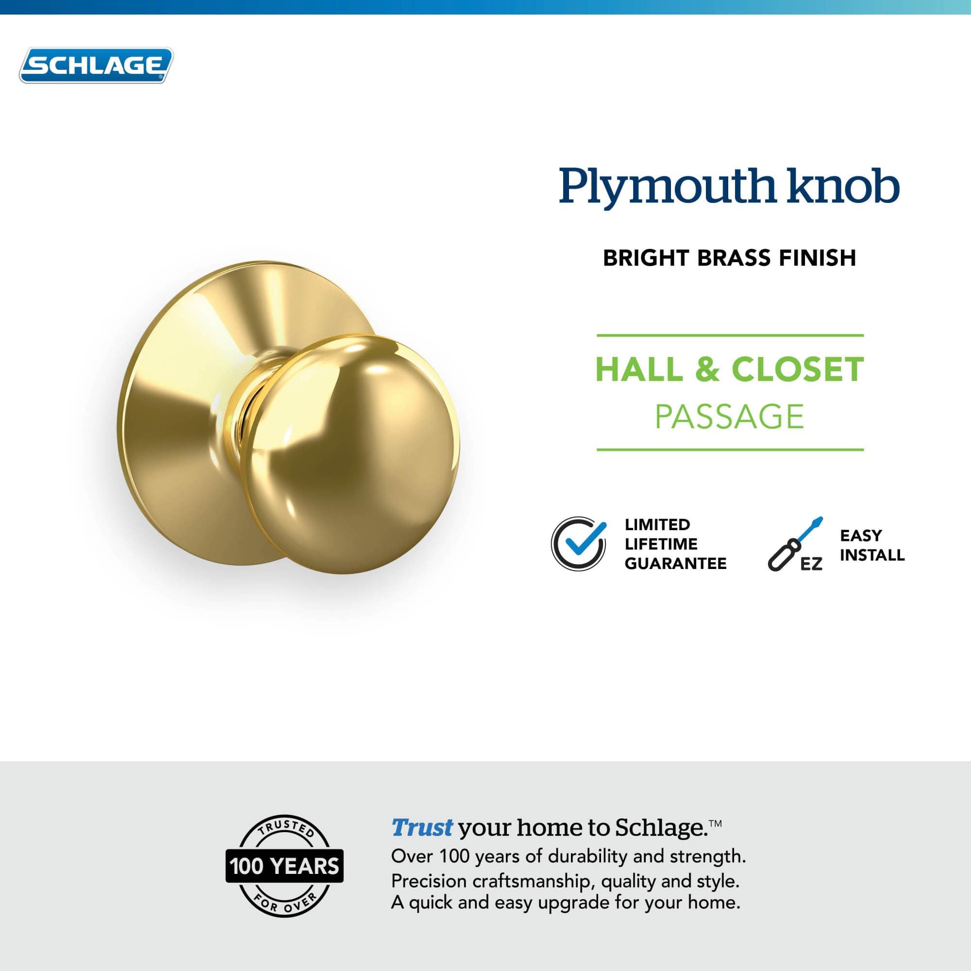 Schlage F10 PLY 605 Plymouth Door Knob, Hall & Closet Passage Lock, Bright Brass 4