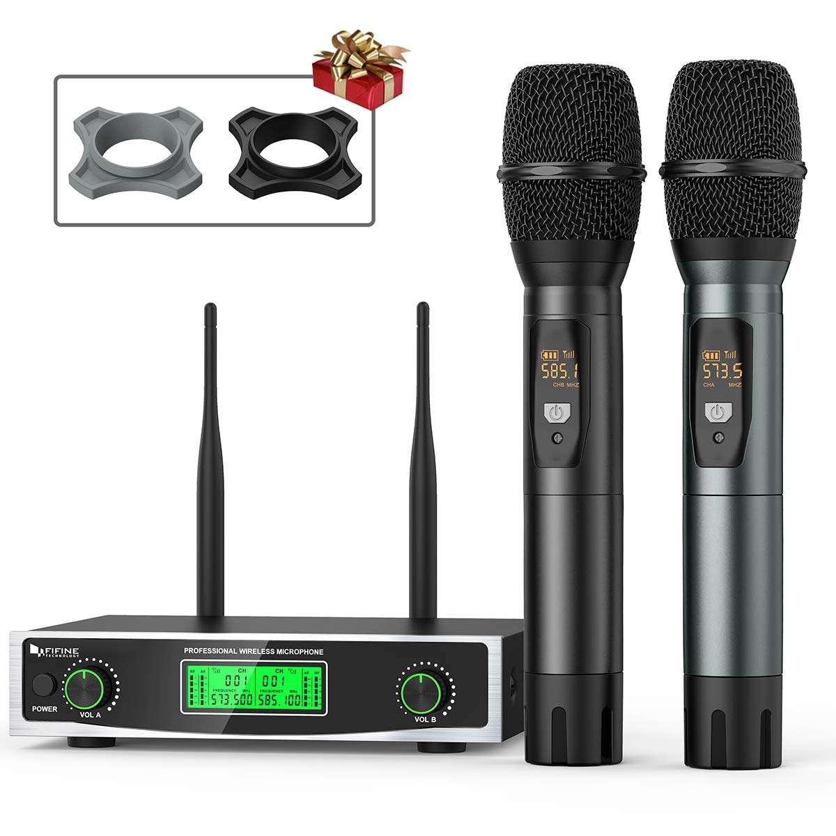 Fifine Wireless Microphone System, Two Handheld Dynamic Cordless Mic and Dual Channel Receiver, 50 Selectable UHF Frequency for Karaoke Singing Party,Church,DJ,Wedding,School Presentation.(K040) 1