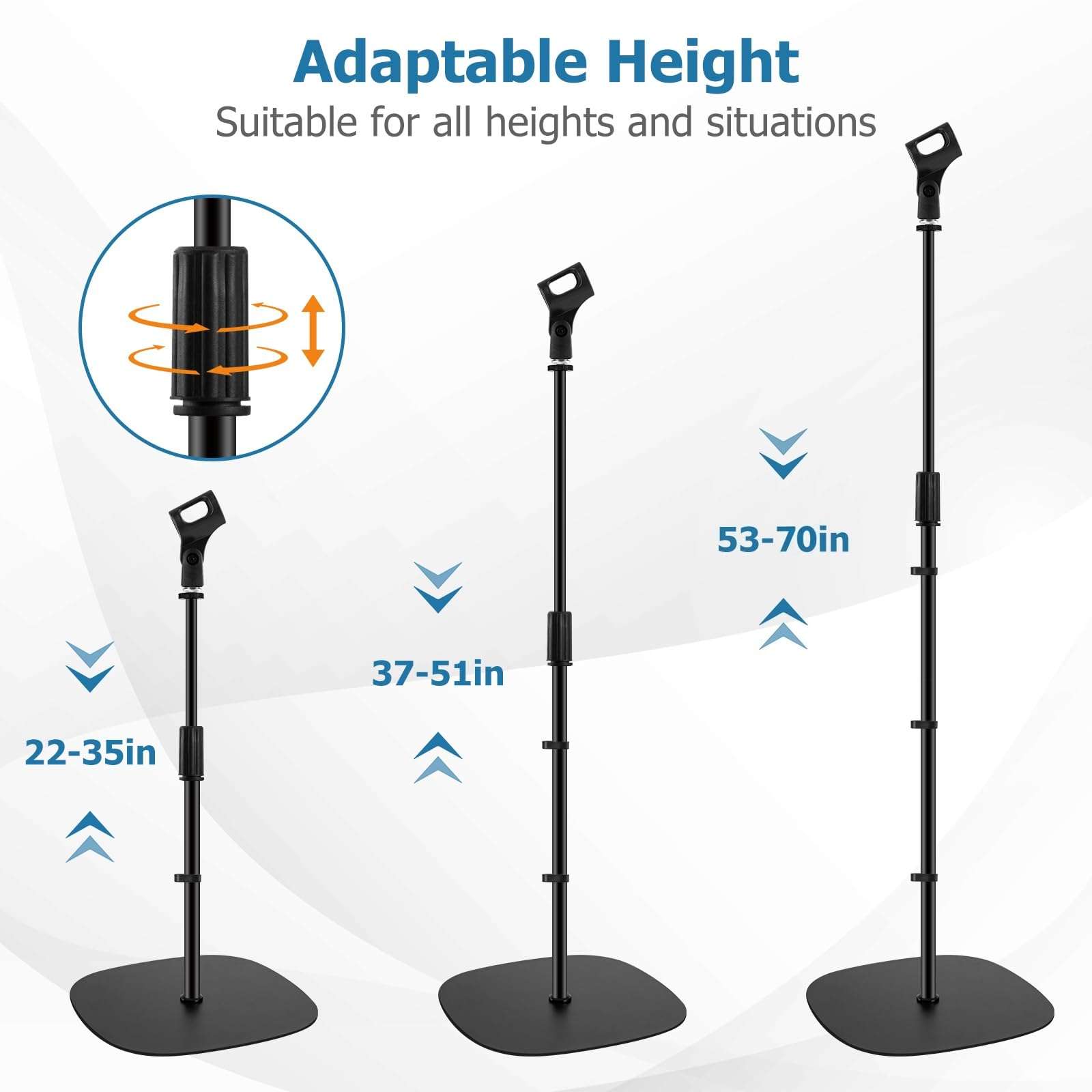 BILIONE Microphone Stand Floor, 22"-70" Height Adjustable Boom Mic Stand with Weighted Base, 2 Clips & 3/8'' to 5/8'' Adapter Compatible with Blue Yeti HyperX QuadCast Shure SM58 (Mic Stand Floor) 4
