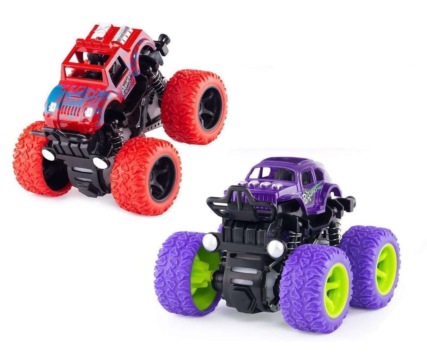 Unbreakable Monster Truck Friction Powered Cars Toys Plastic Truck Big Rubber Tires 360 Degree Rotation Stunt 4WD Cars Birthday Gift for Kids Boys & Girls Pack of 2 (Purple & Red)