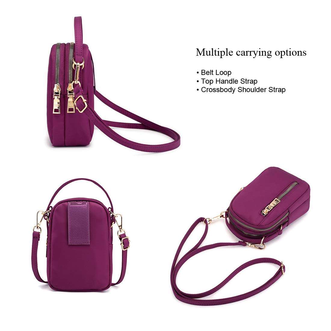 Women Nylon Cell Phone Purse Wallet Small Crossbody Bag Handbag for iPhone 13 12 11 Pro XS Max XS XR X Samsung Galaxy S23 S22 Plus S21 S20 FE S10 A53 A52 A51 A33 Google Pixel 7 6 5 BLU View 2 (Purple) 3