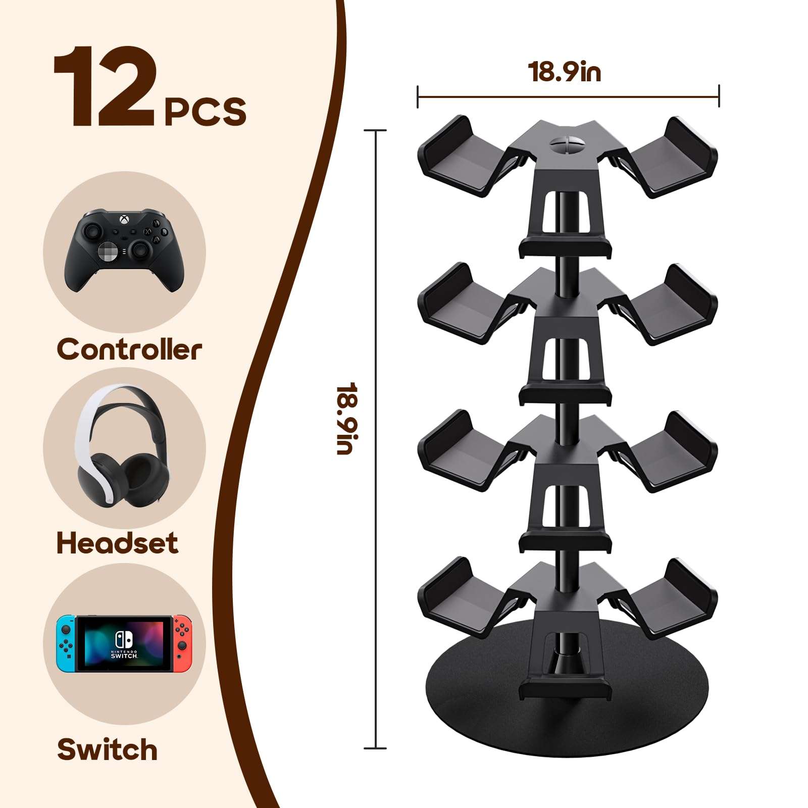 Nargos Universal Controller Holder for Xbox PS5 PlayStation 4 Switch Pro Gamepad, Rotating Headset Stand, 4 Tier, Gamer Gifts 3