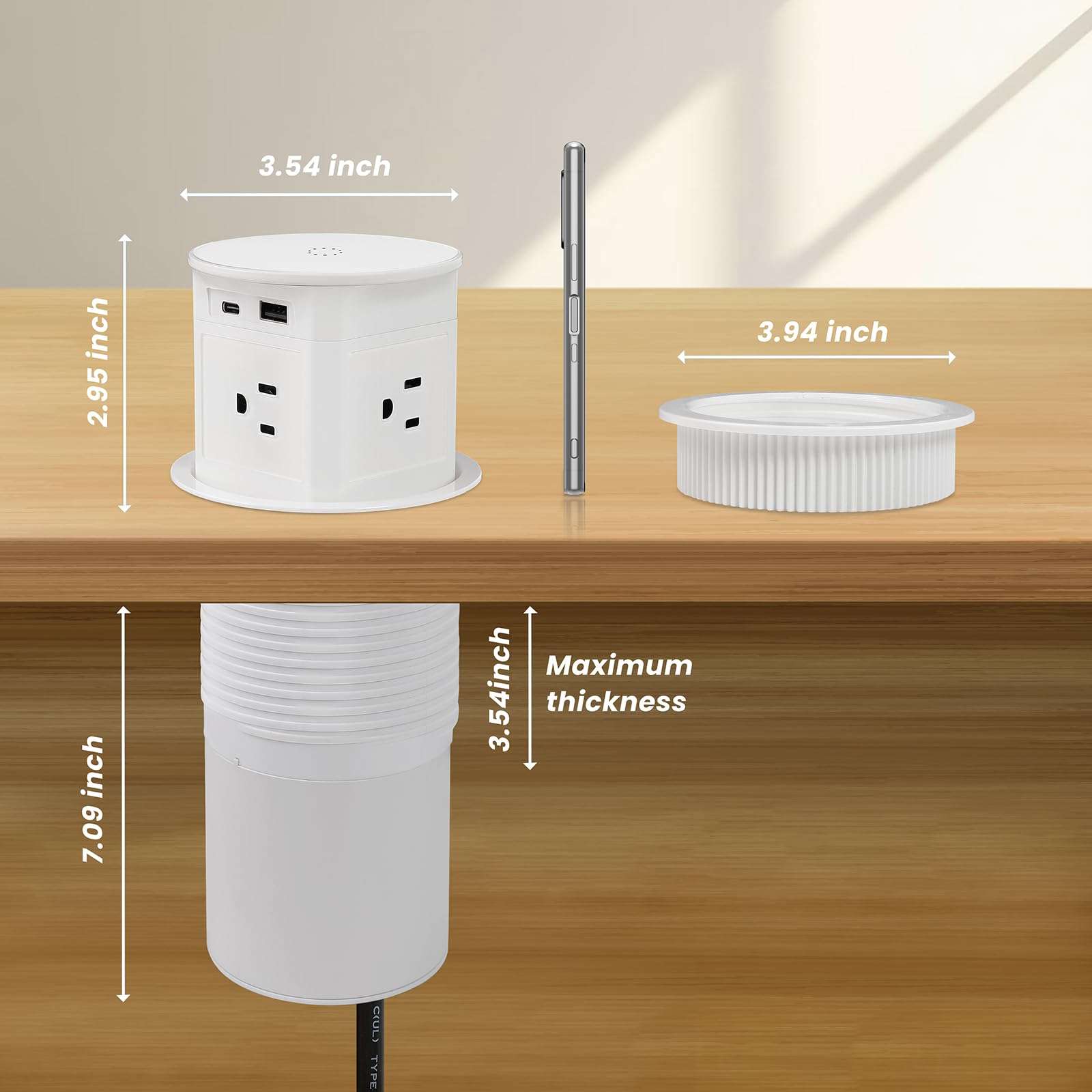 Pop Up Outlet for Countertop, 15W Wireless Charger, 4 Outlets, 1 PD20W USB-C, 1 QC18W USB-A, 3.94 in Desk Hole Power Grommet 6