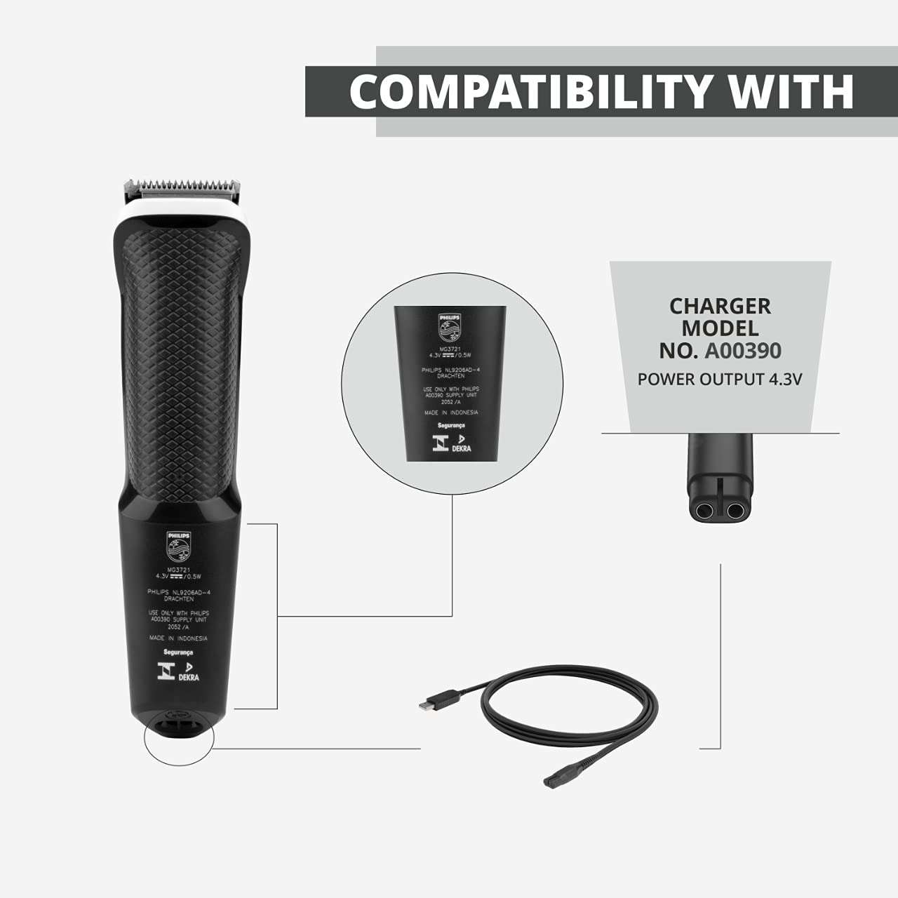 BAEYE 4.3V USB Charging Cable Compatible With Philips Trimmers & Shavers| A00390 Replacement Charger (Complete list of compatible models in bullet point) BK S1070 4