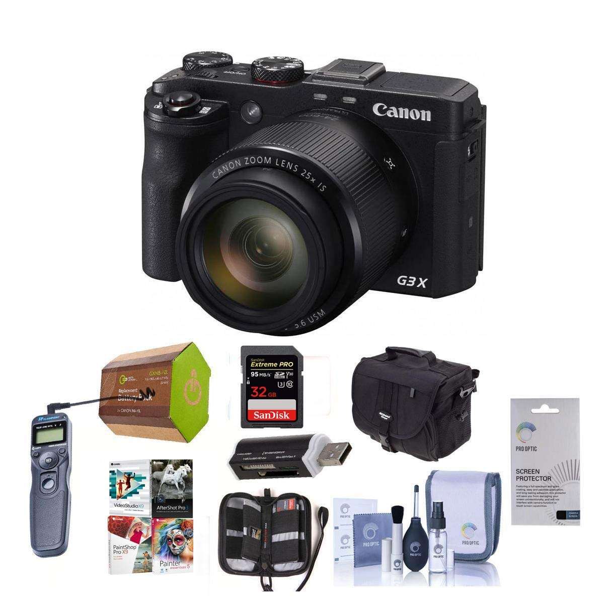 Canon PowerShot G3-X Digital Camera - Bundle with Camera Case, Spare Battery, 16GB SDHC Card, Cleaning Kit, Screen Protector, Pro Software Package, Wired Shutter Release, Memory Wallet, Card Reader
