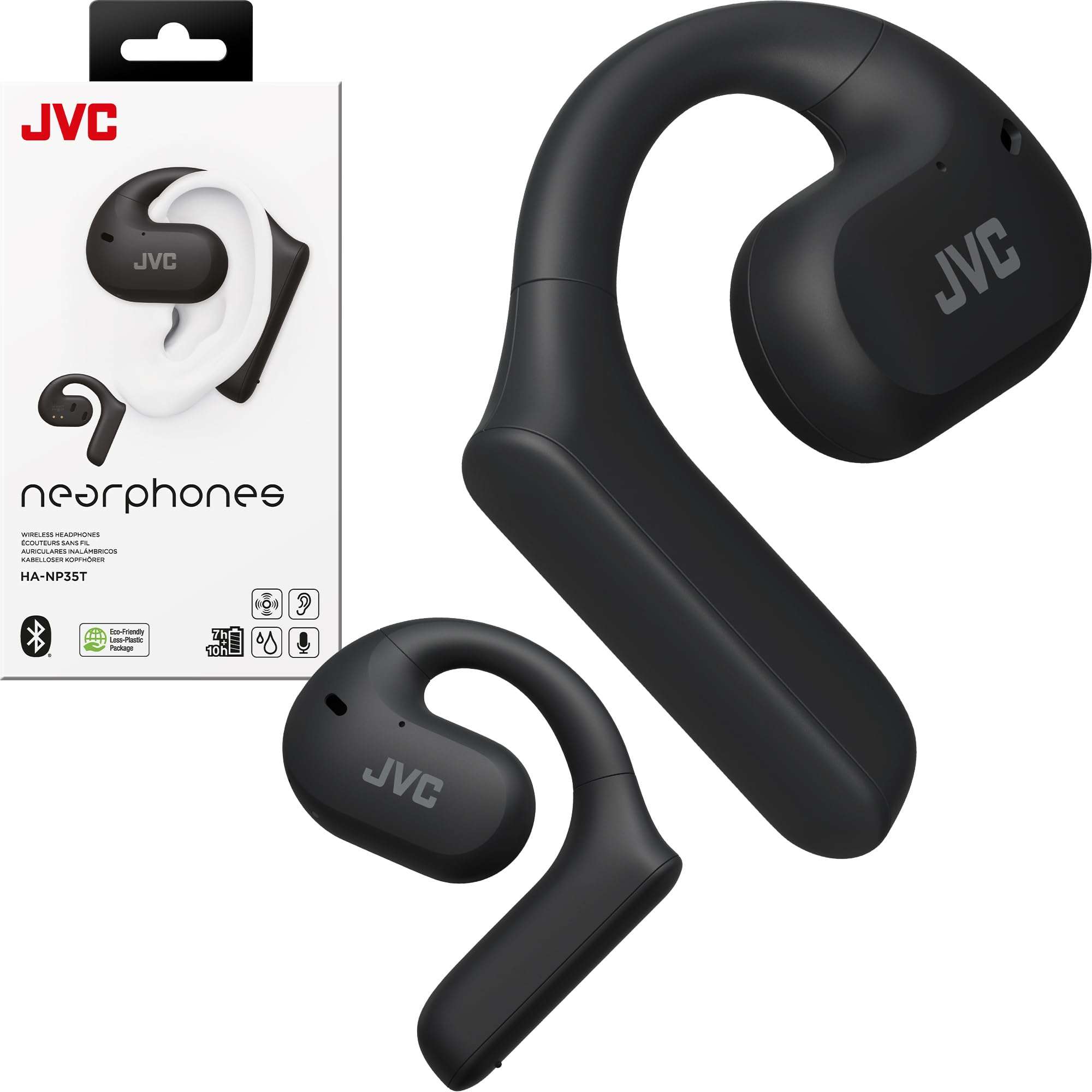 JVC Nearphones Open Ear True Wireless Headphones with 16mm Large Drivers for Powerful Sound, Single Ear use, and Long Battery Life (up to 17 Hours) - HANP35TW (Black)