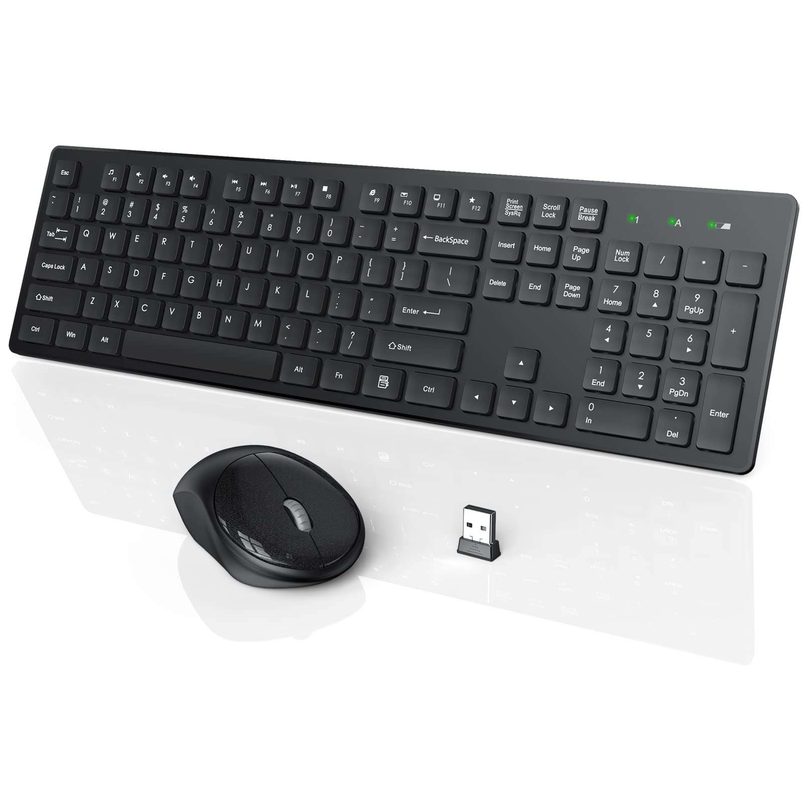 Wireless Keyboard and Mouse, WisFox Full-Size Wireless Mouse and Keyboard Combo, 2.4GHz Silent USB Keyboard Mouse Combo for PC Desktops Computer (Black) 1