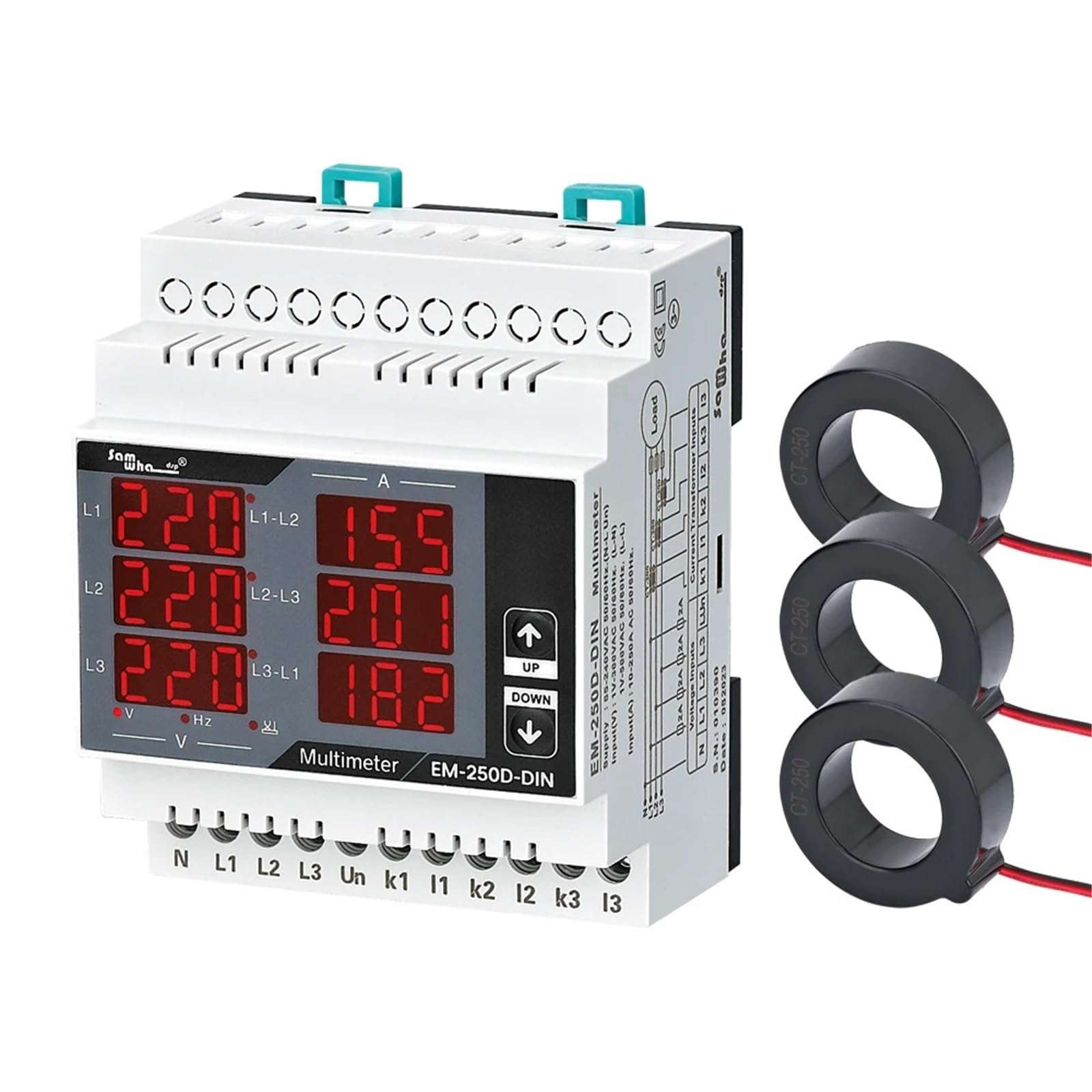 OGYTRVUFX Samwha-Dsp EM-XXD-DIN Digital Multimeter, Contains 3 C.T, Three Phase Volt(L-L),(L-N), Ampere,Frequency, Phase Sequence Display(250D(10-250A)) 4