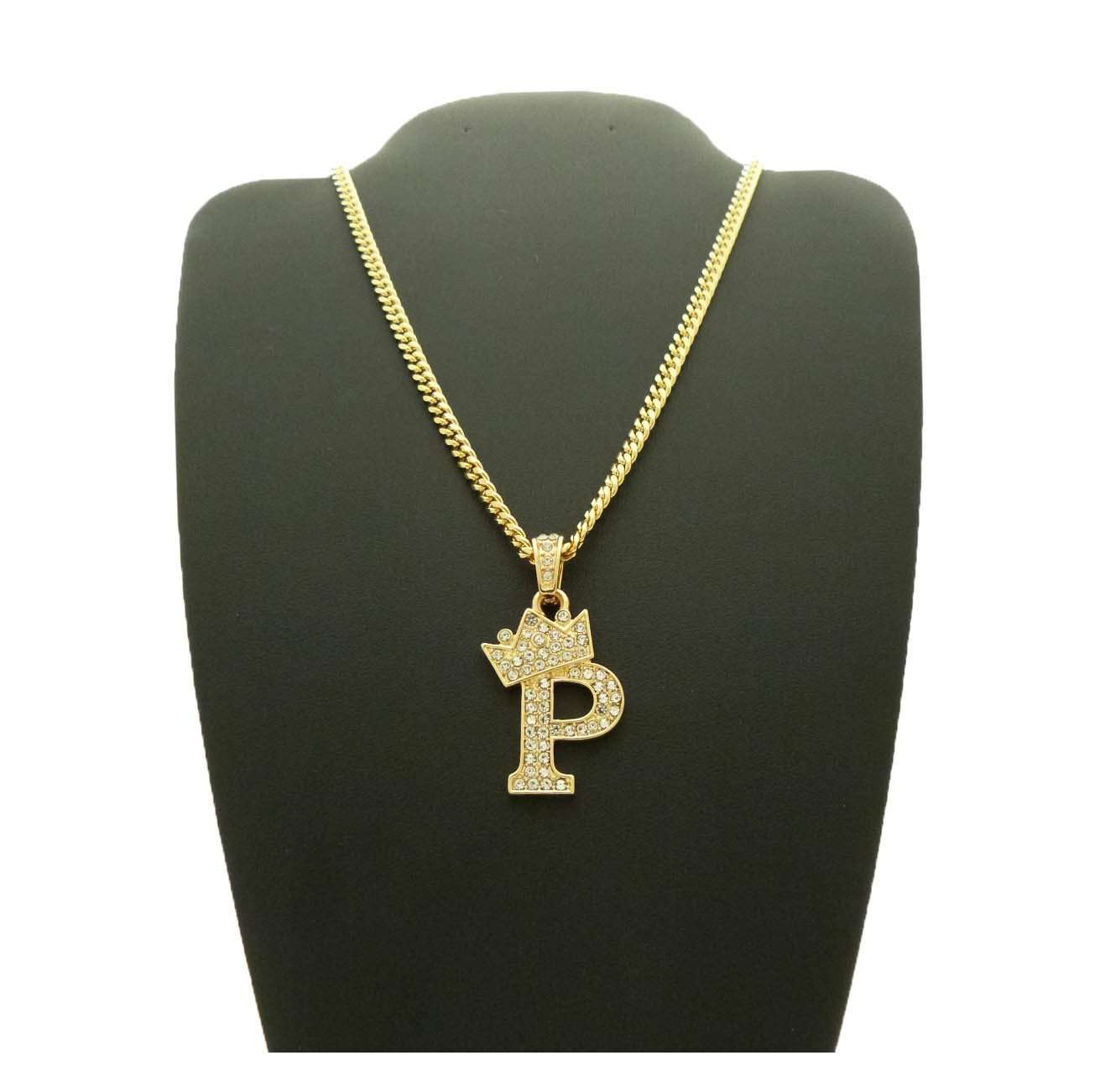 Fashion 21 Unisex Small Size Pave Crown Tilted Initial Alphabet Letter Pendant 3mm 24" Cuban Chain Necklace in Gold, Silver Tone (P - Gold Tone) 4