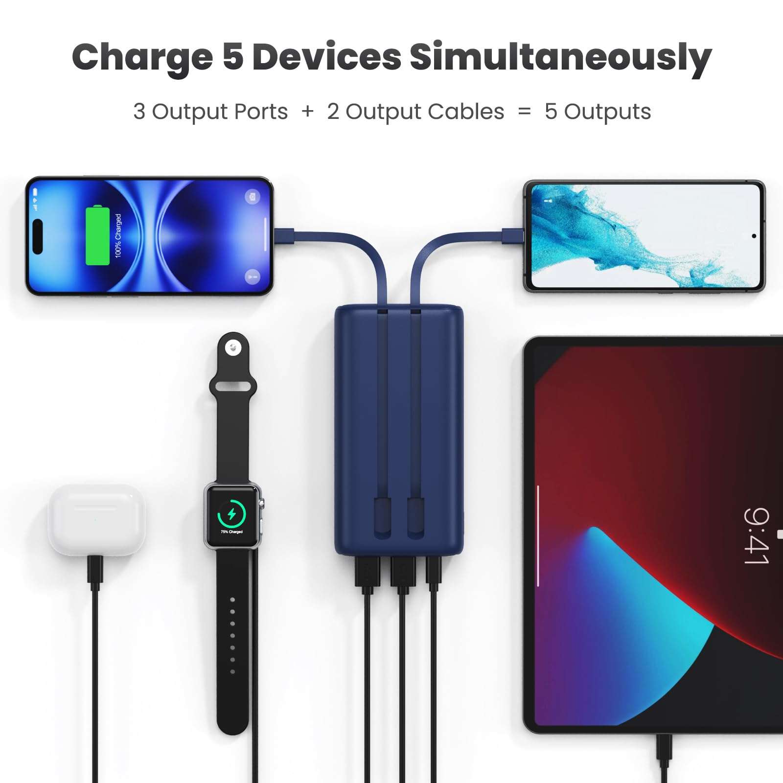 Feob Portable Charger 40800mAh Power Bank with Built-in Cables,25W PD USB C Fast Charging Battery Pack,5 Outputs Dual Input Backup Charger for iPhone 17/16/15/14/13/12,Galaxy S24 Android Phone etc 5