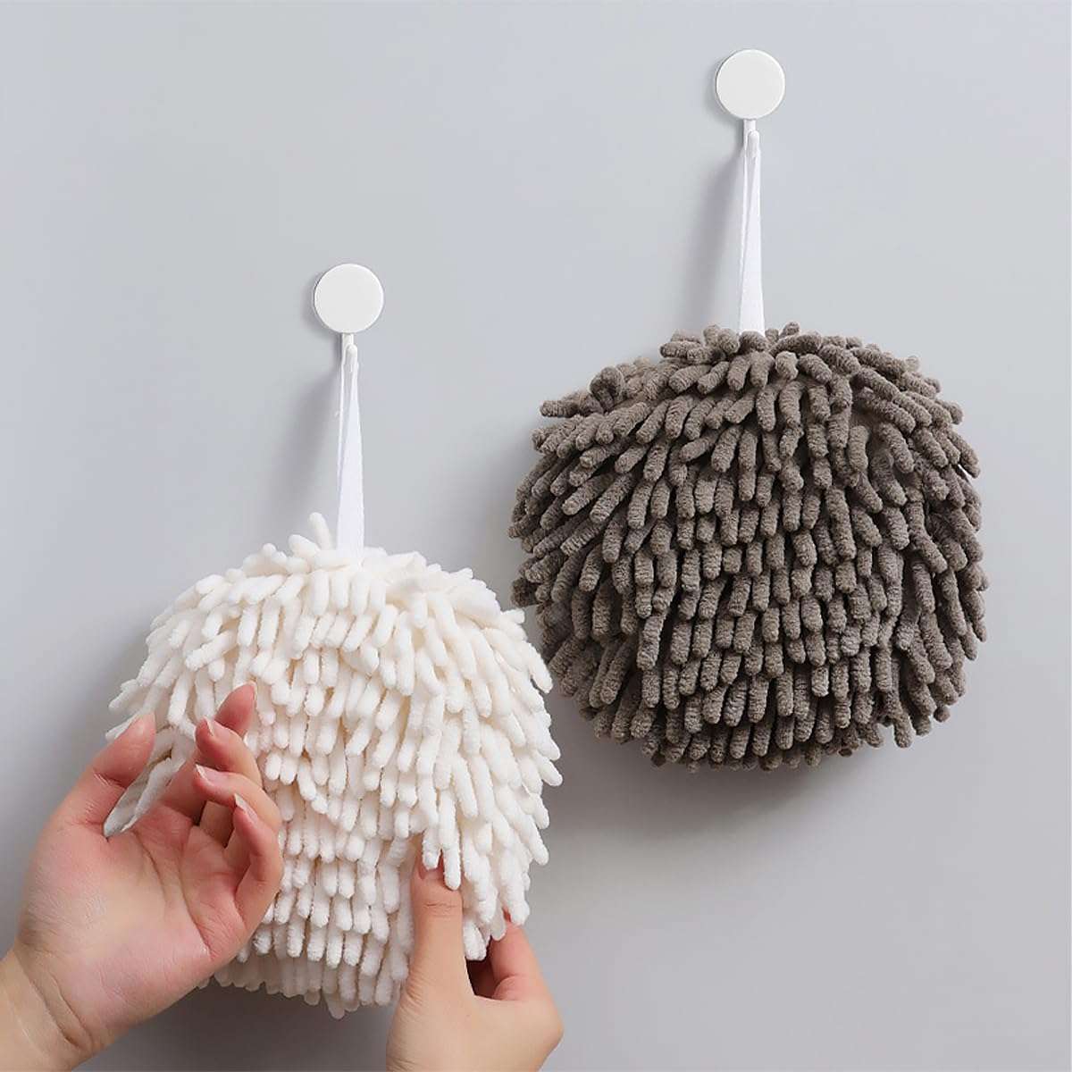 2 Pcs NUZAMAS Chenille Hand Towels Fuzzy Ball Towel White and Gray Fast Drying Handball Absorbent Soft Towel Hanging Towel for Kitchen Bathroom 6